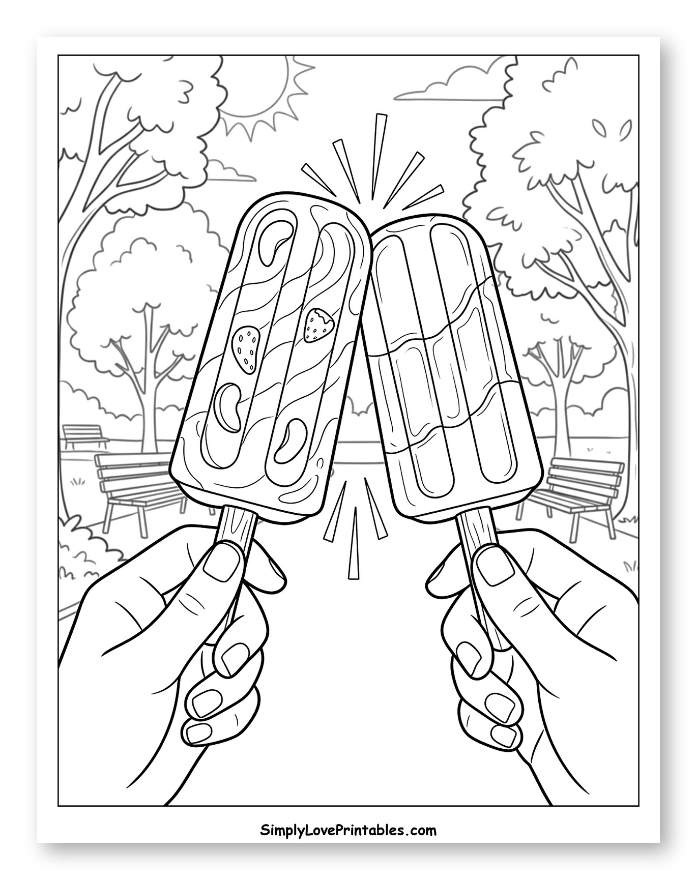 Two Hands Clinking Popsicles in a Park Coloring Sheet