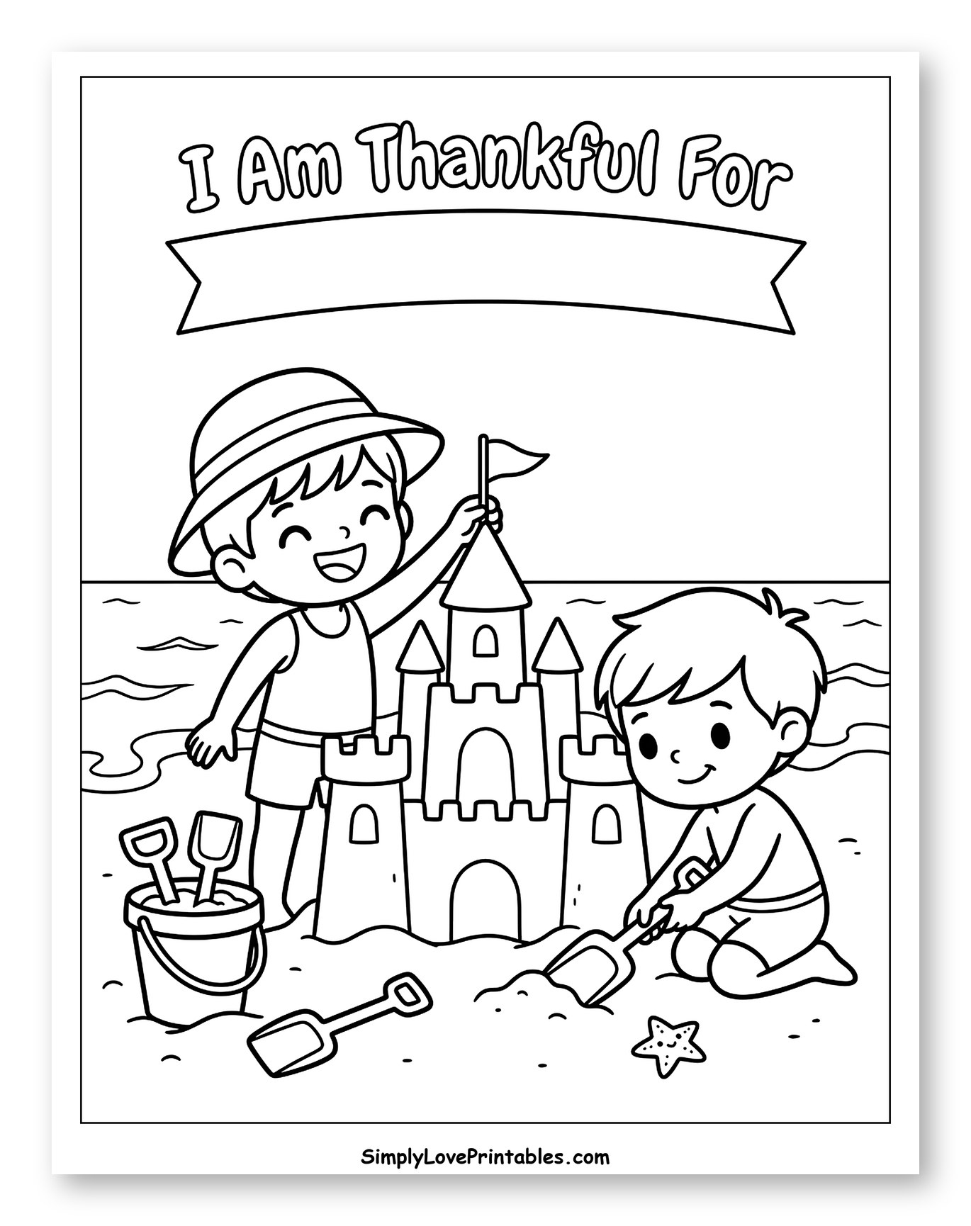 Two Happy Boys Building a Beach Sandcastle Coloring Page for Kids