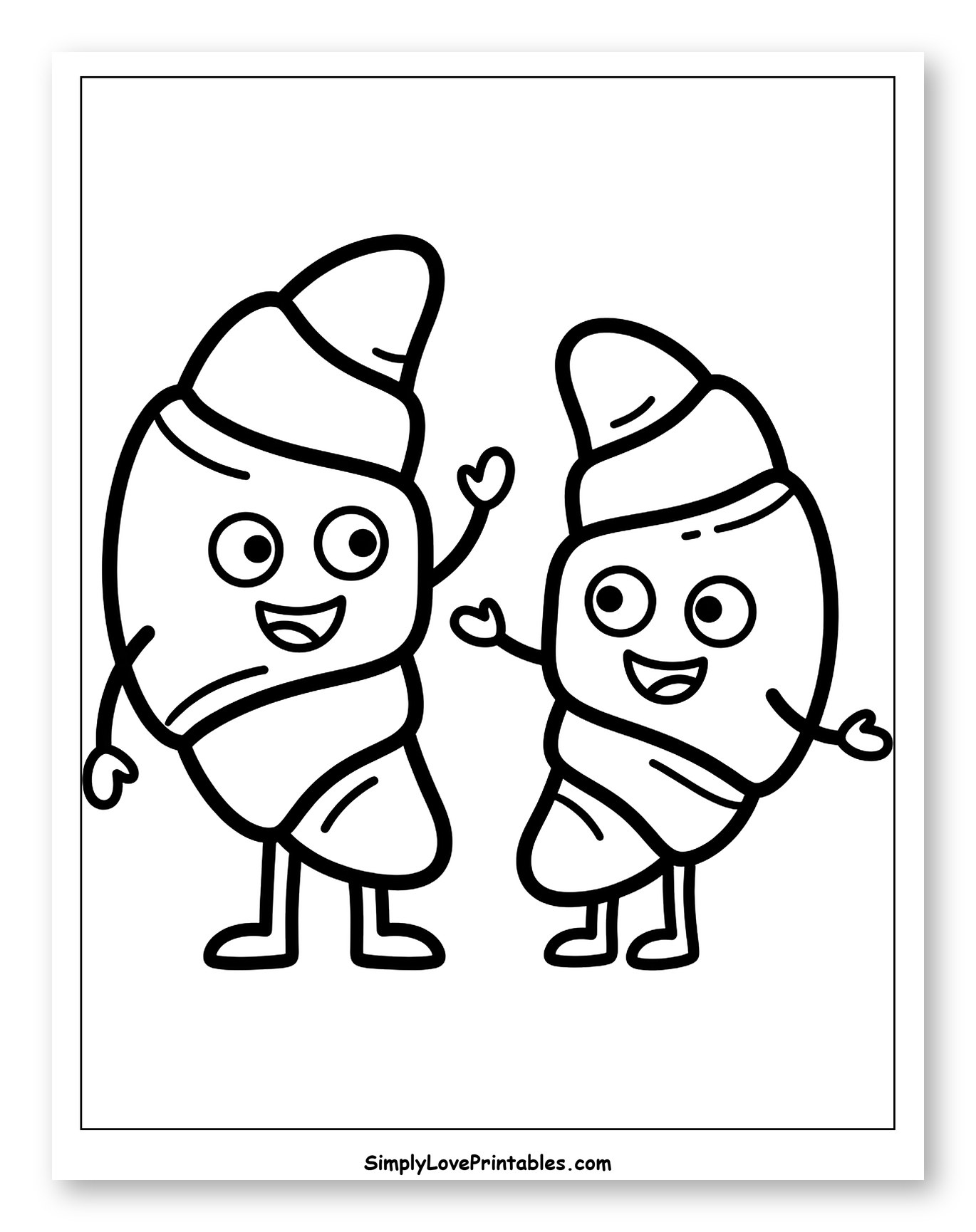 Two Happy Cartoon Croissants Waving Coloring Page for Toddlers