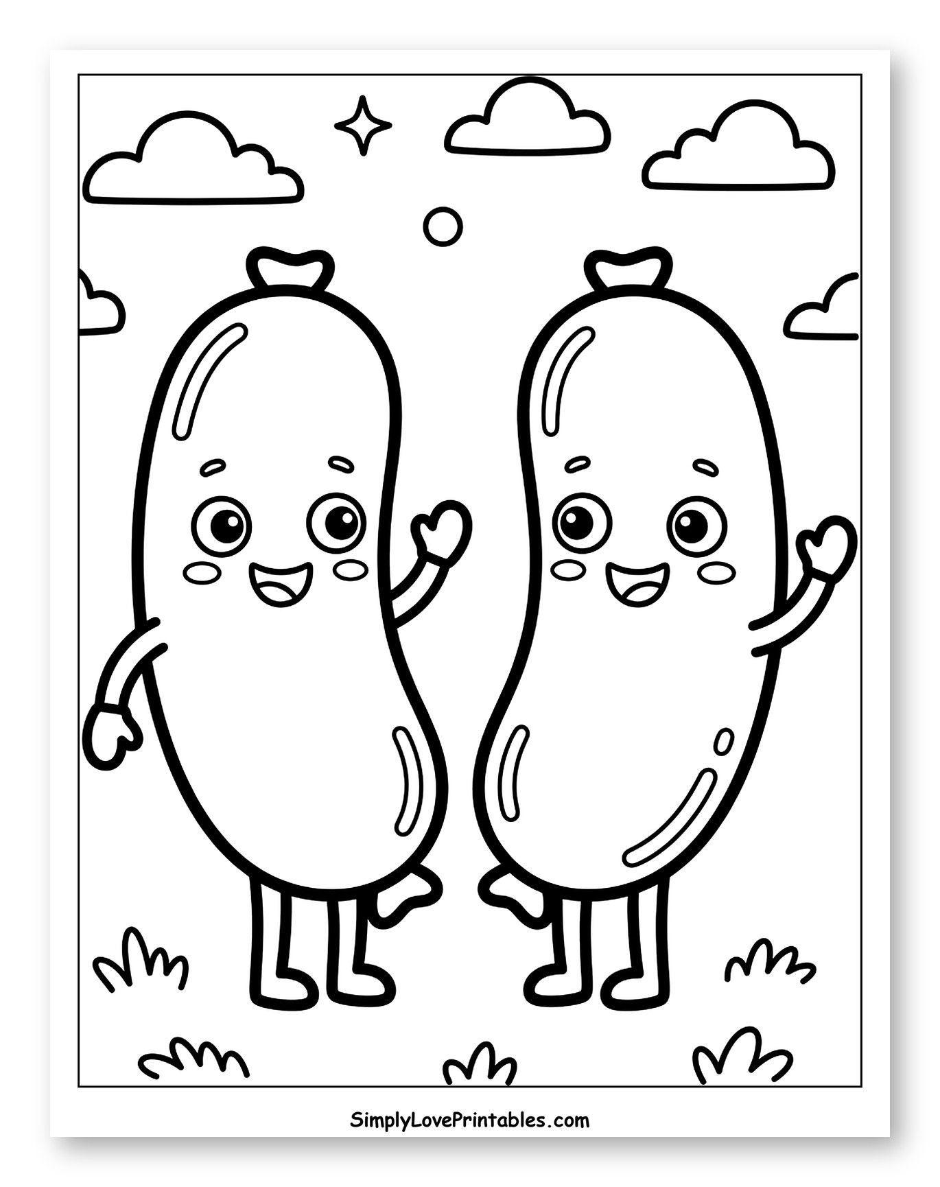 Two Happy Cartoon Sausages Standing to Color for Toddlers