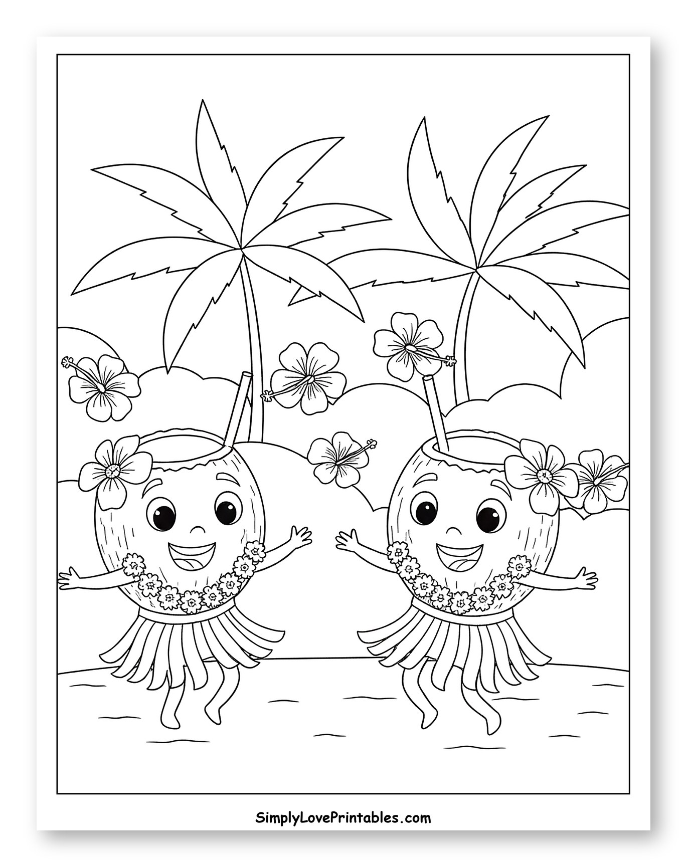 Two Happy Coconuts Dancing Under Palm Trees