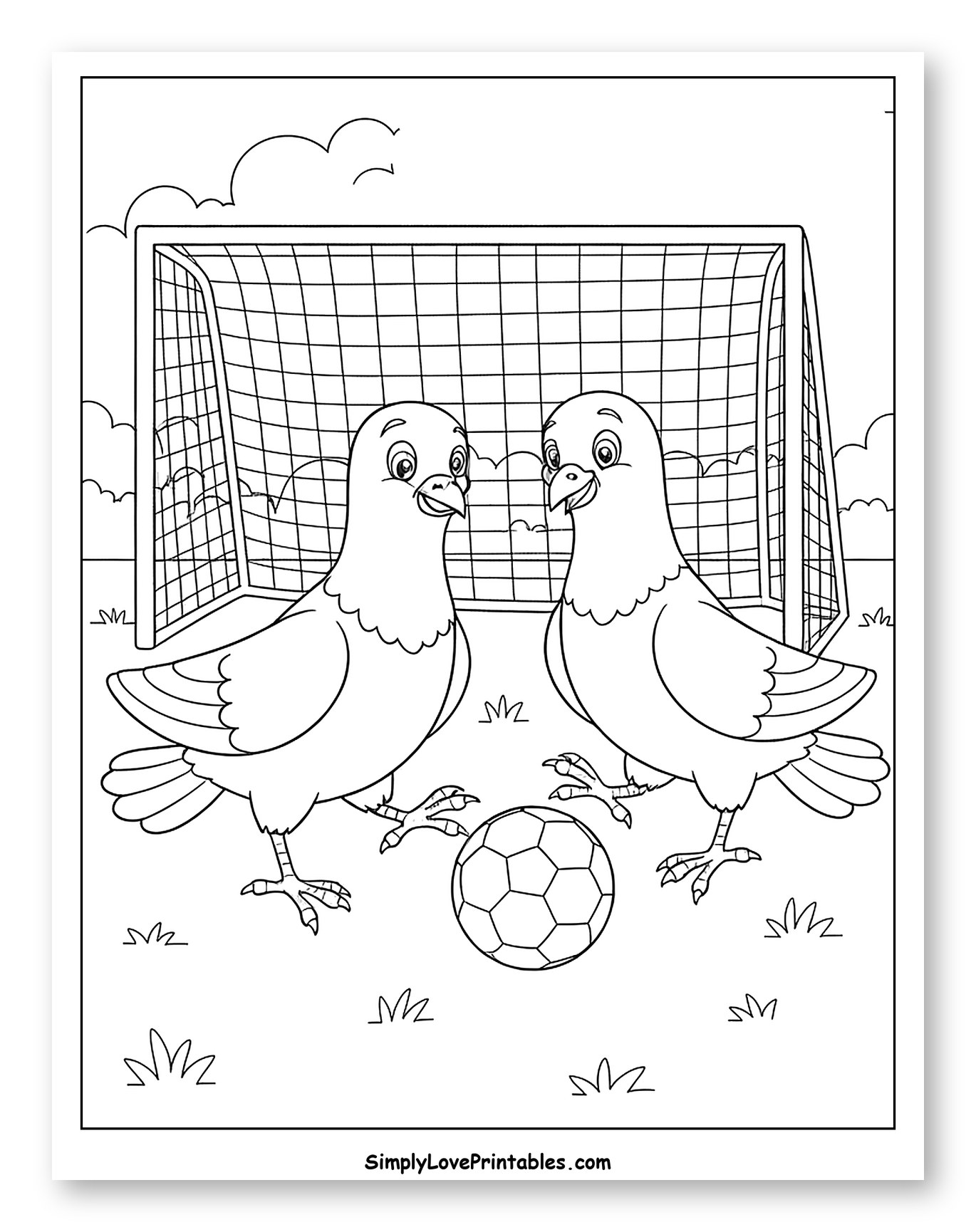 Two Happy Pigeons Playing Soccer Coloring Sheet for Kids