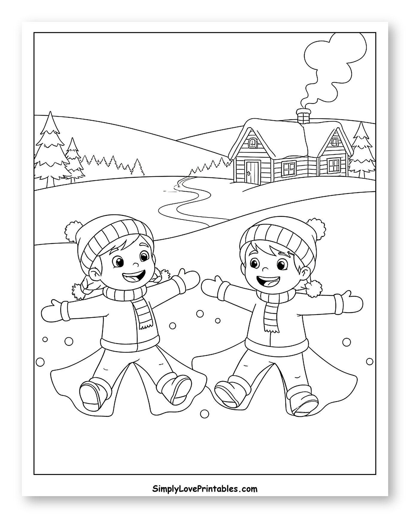 Two Kids Making Snow Angels in Winter