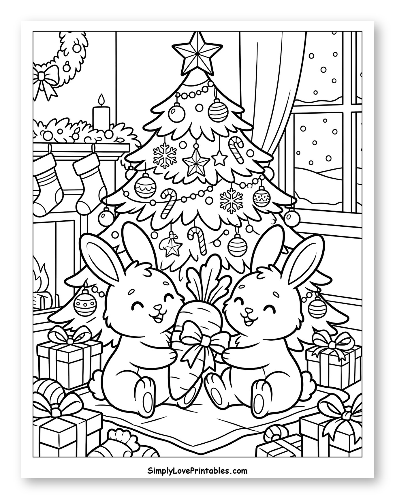 Two Little Bunnies Sharing a Christmas Carrot