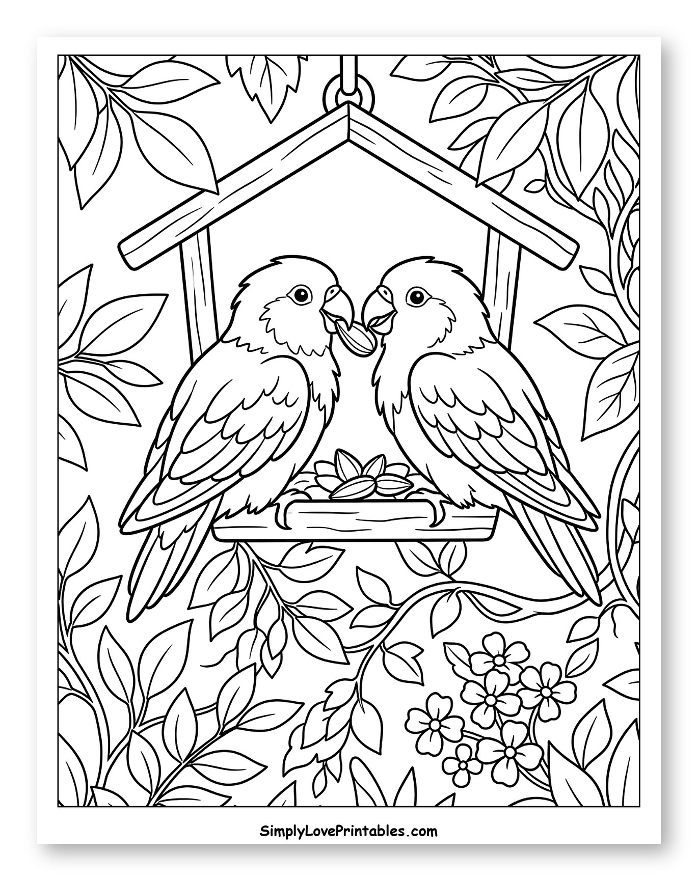 Two Lovebirds Sharing a Seed in a Birdhouse to Color for Kids