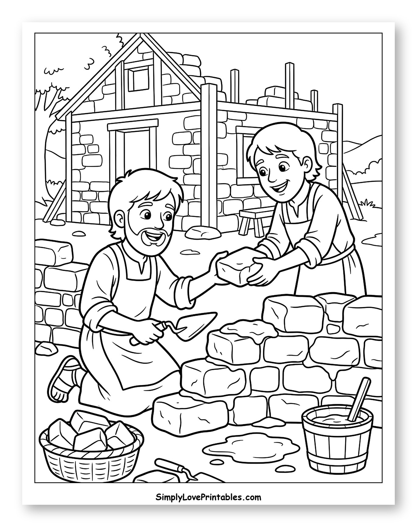 Two Men Building a Stone House