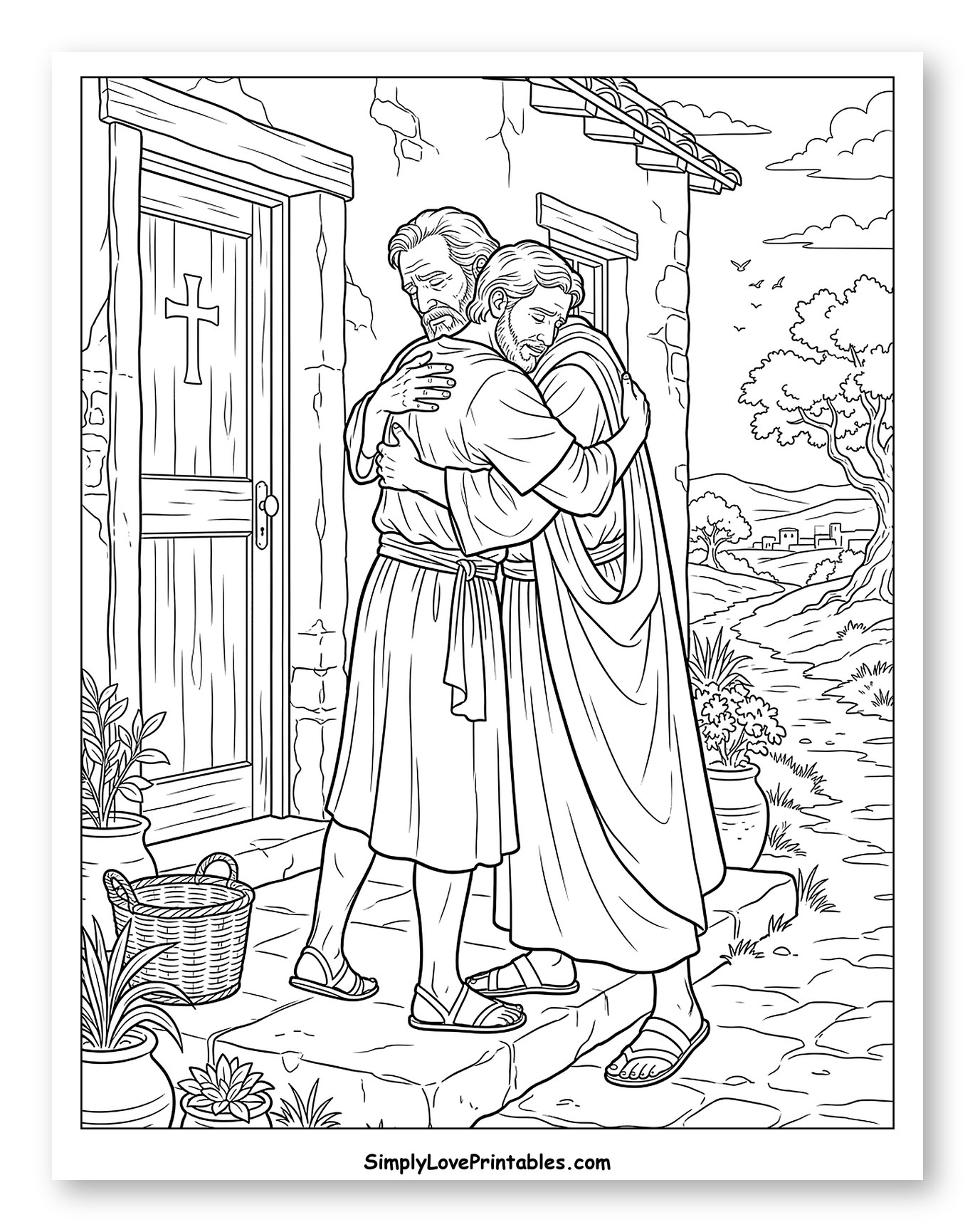 Two Men Embracing on a Doorstep Coloring Sheet
