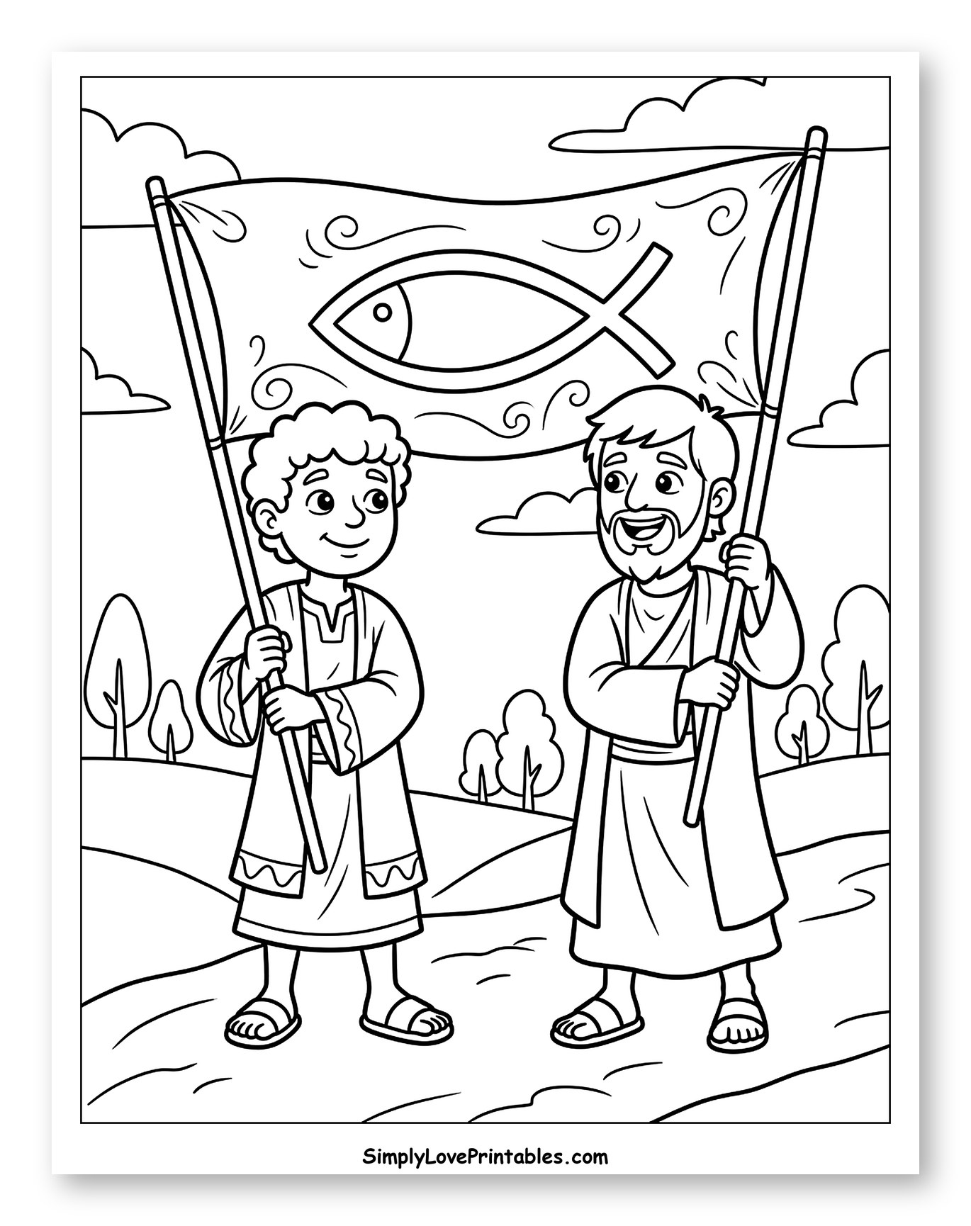 Two Men Holding Christian Fish Symbol Banner