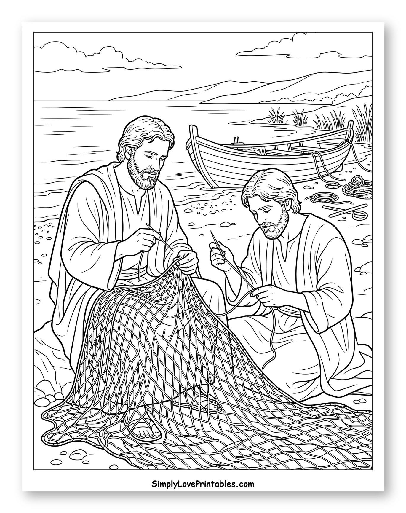Two Men Mending Fishing Nets Coloring Sheet