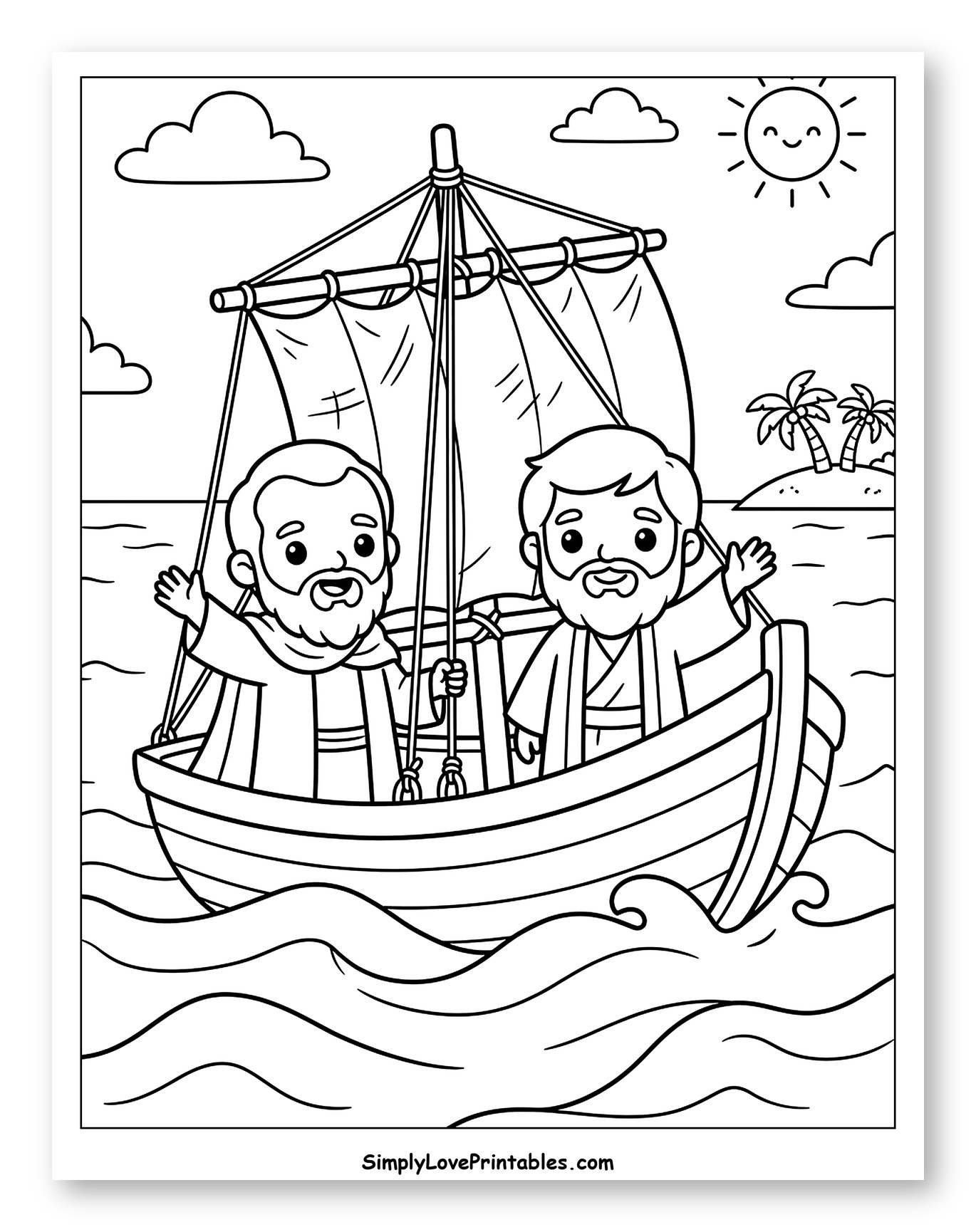 Two Men Sailing in a Boat at Sea Coloring Page for Kids