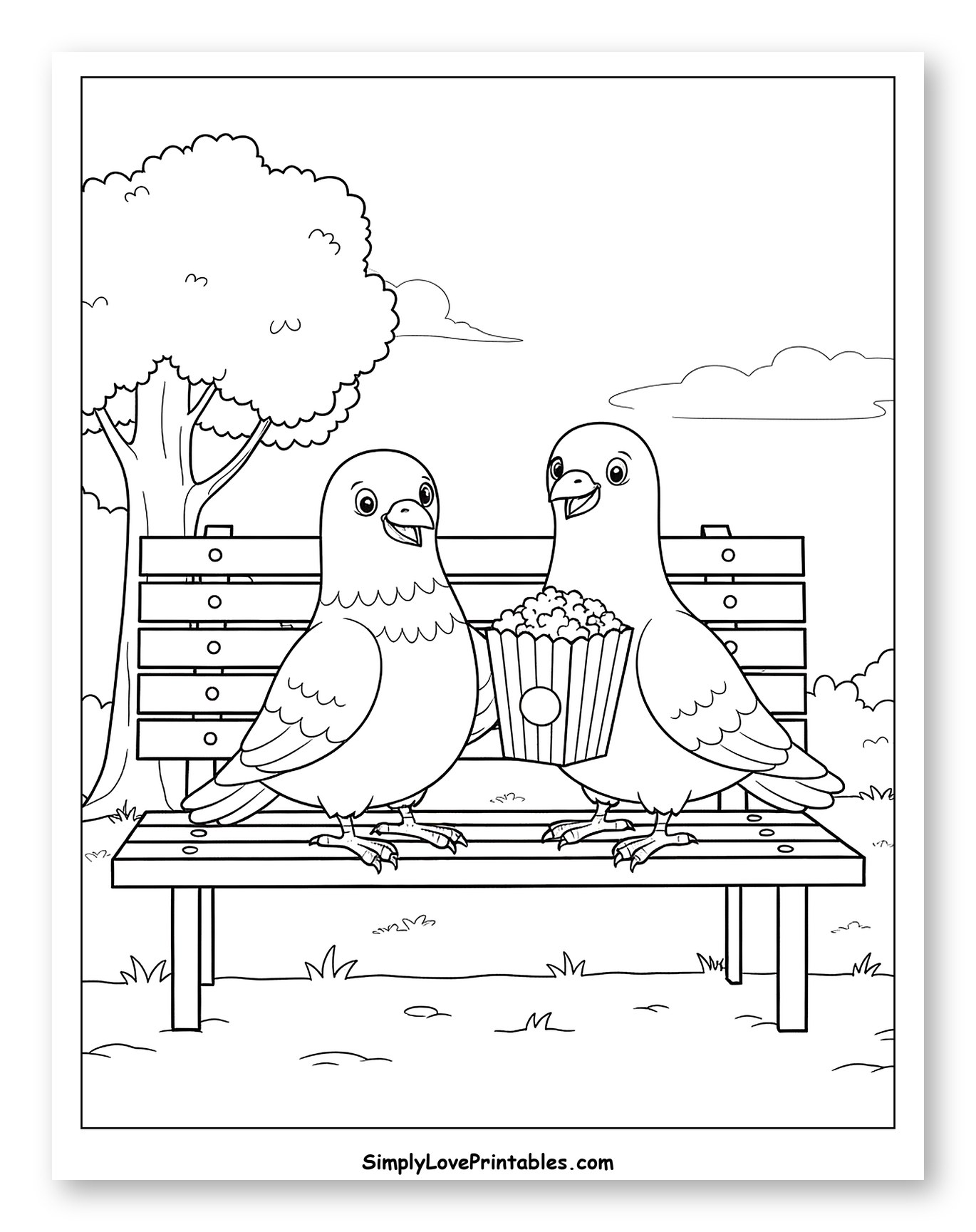 Two Pigeons Sharing Popcorn on a Park Bench