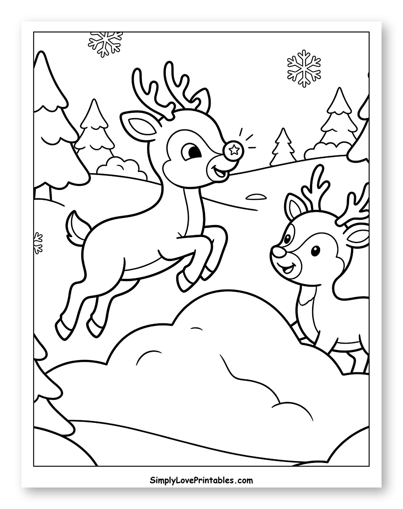 Two Playful Reindeer in a Winter Forest Coloring Page for Kids