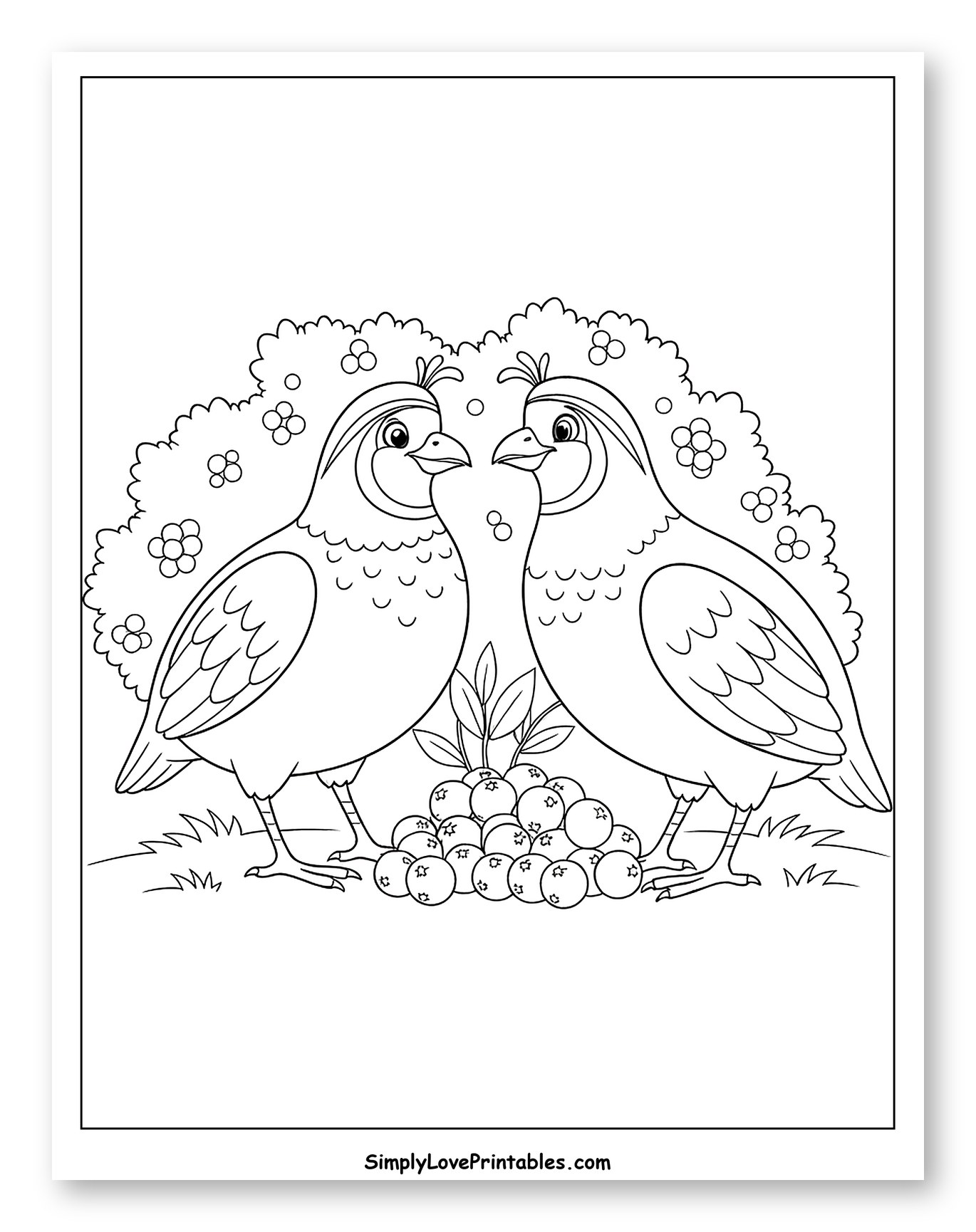 Two Quails with Berries and Bushes Coloring Sheet for Kids