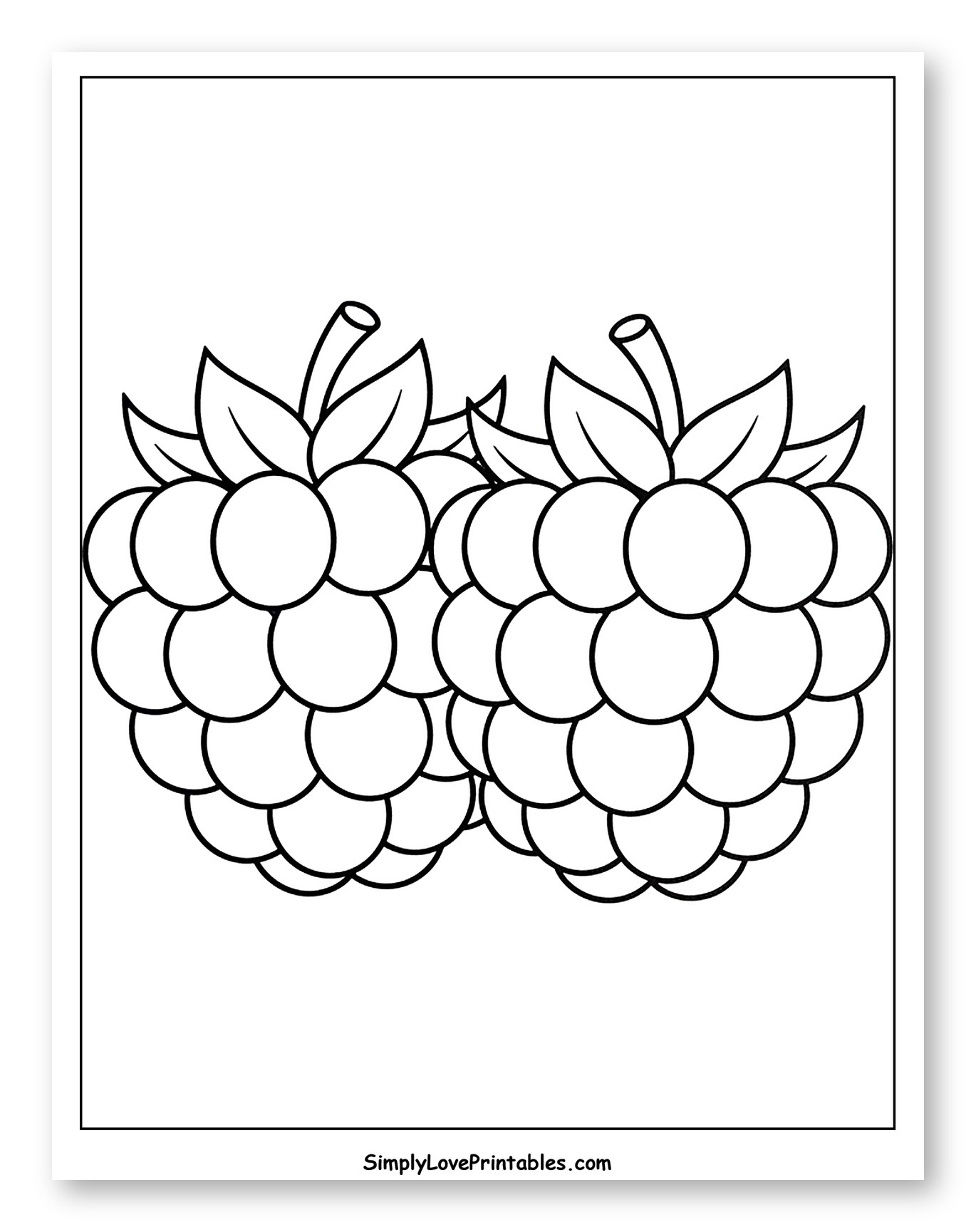 Two Raspberries with Stems and Leaves Coloring Sheet for Toddlers
