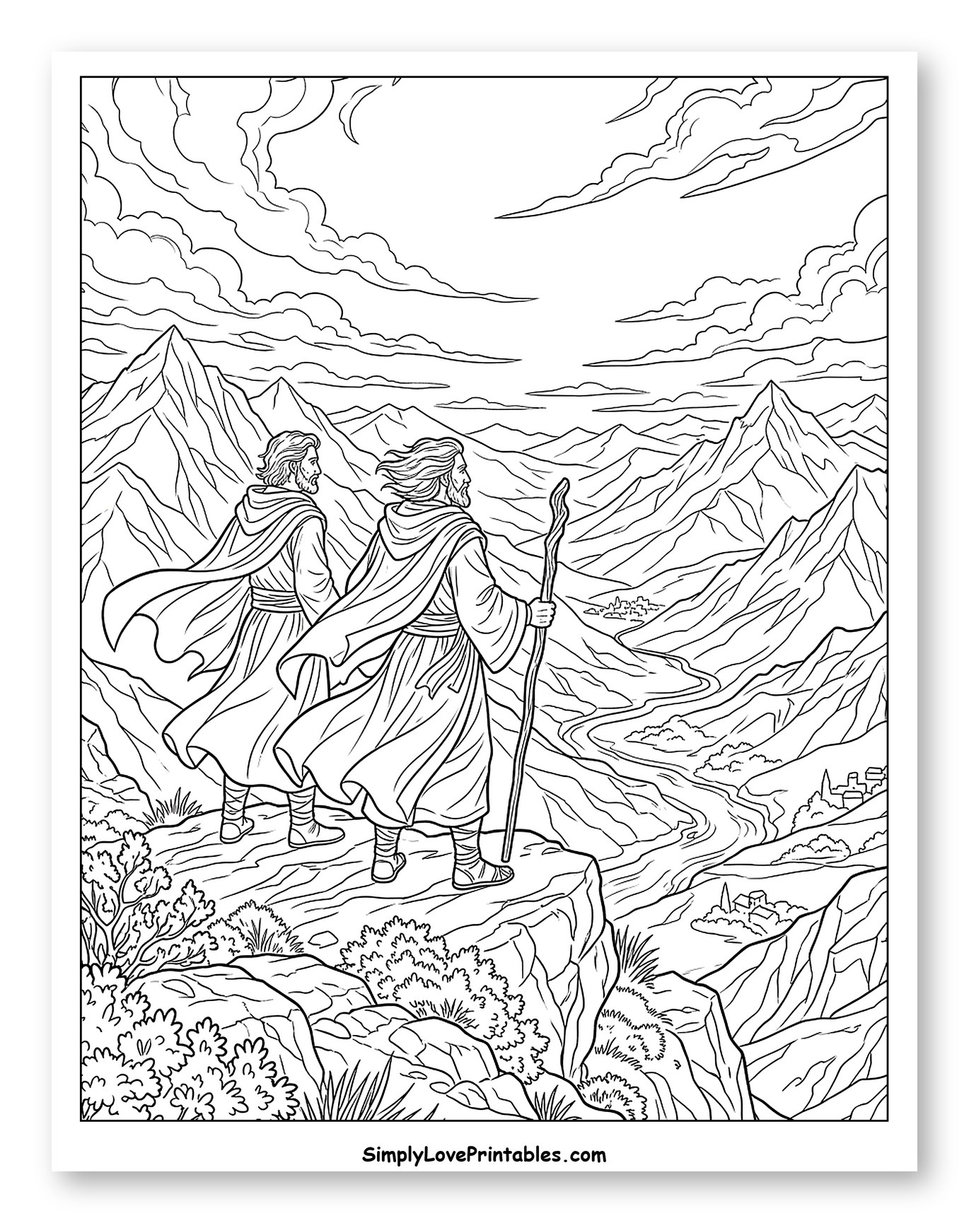 Two Robed Men Overlooking Mountainous Valley Coloring Page