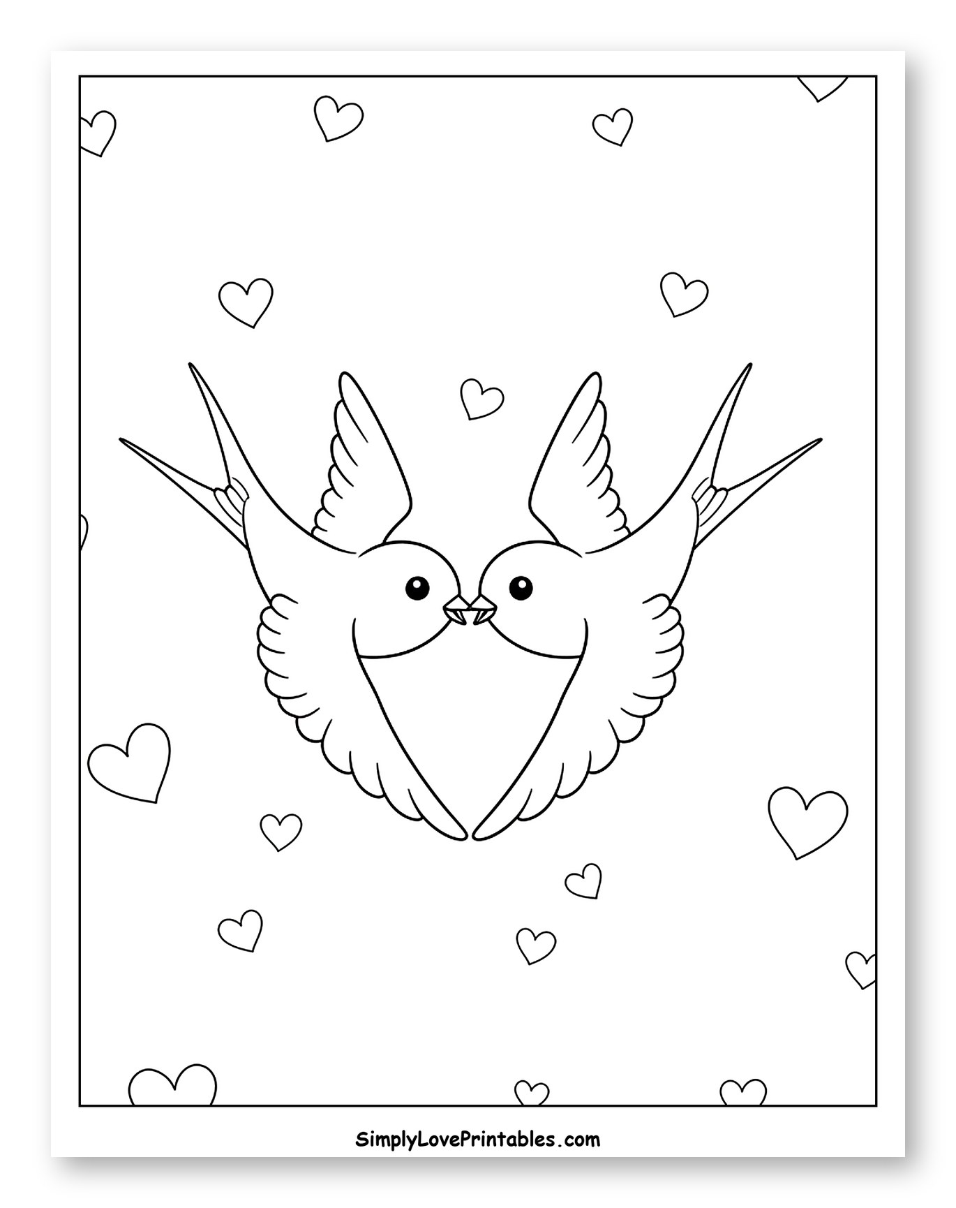 Two Swallows Kissing Surrounded by Hearts