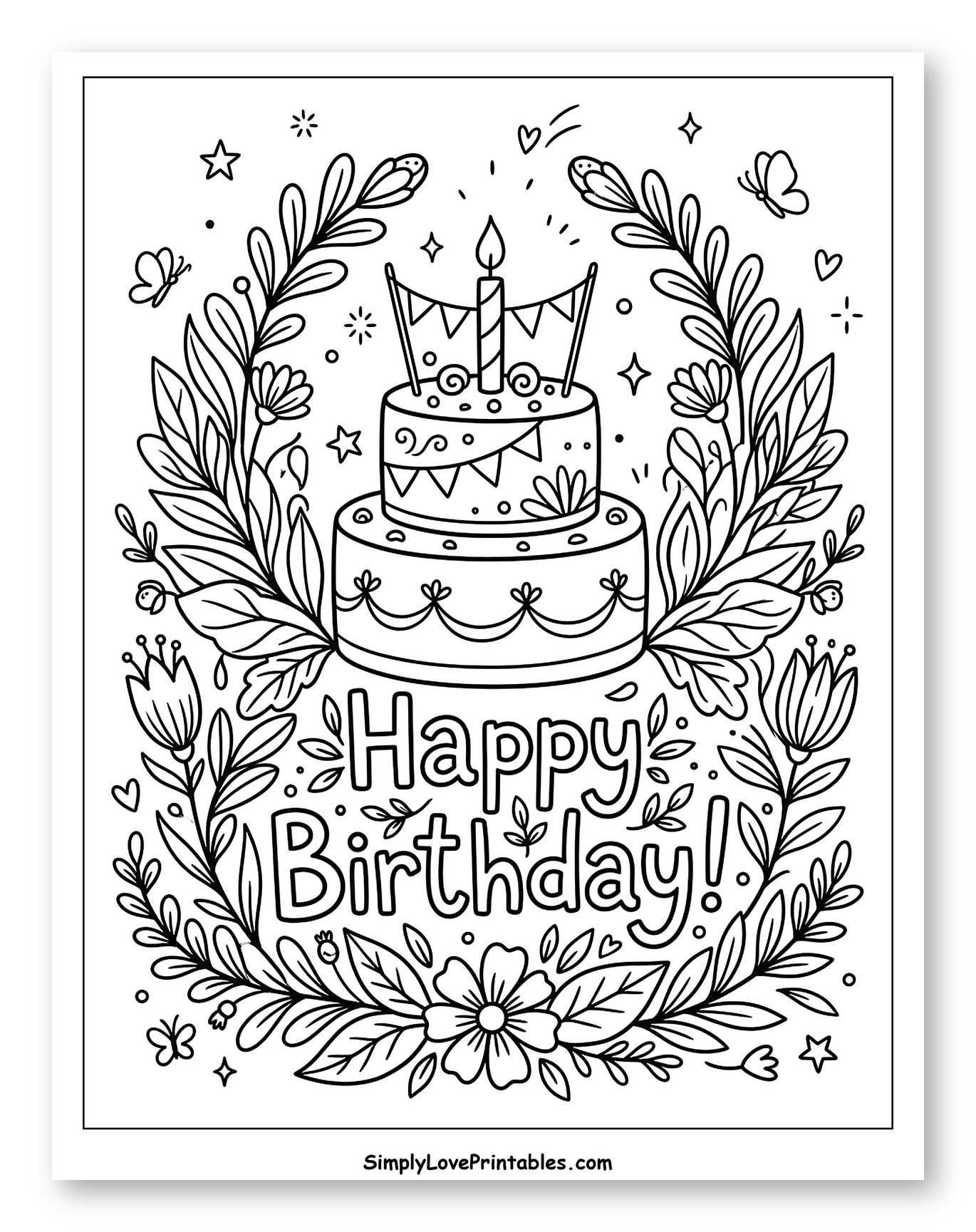 Two-Tier Birthday Cake in Floral Frame Coloring Sheet for Adults