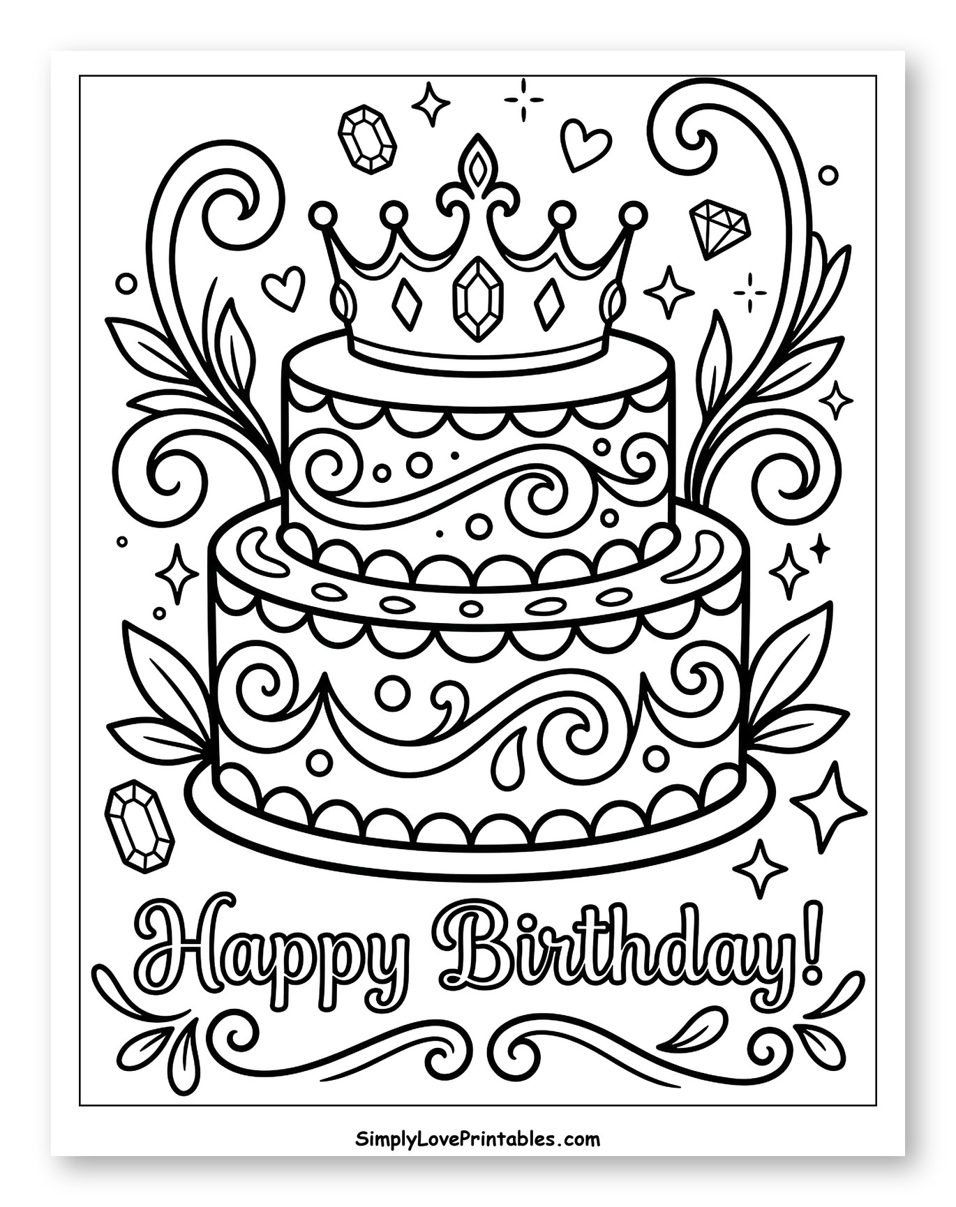 Two-Tiered Birthday Cake with Crown to Color for Adults