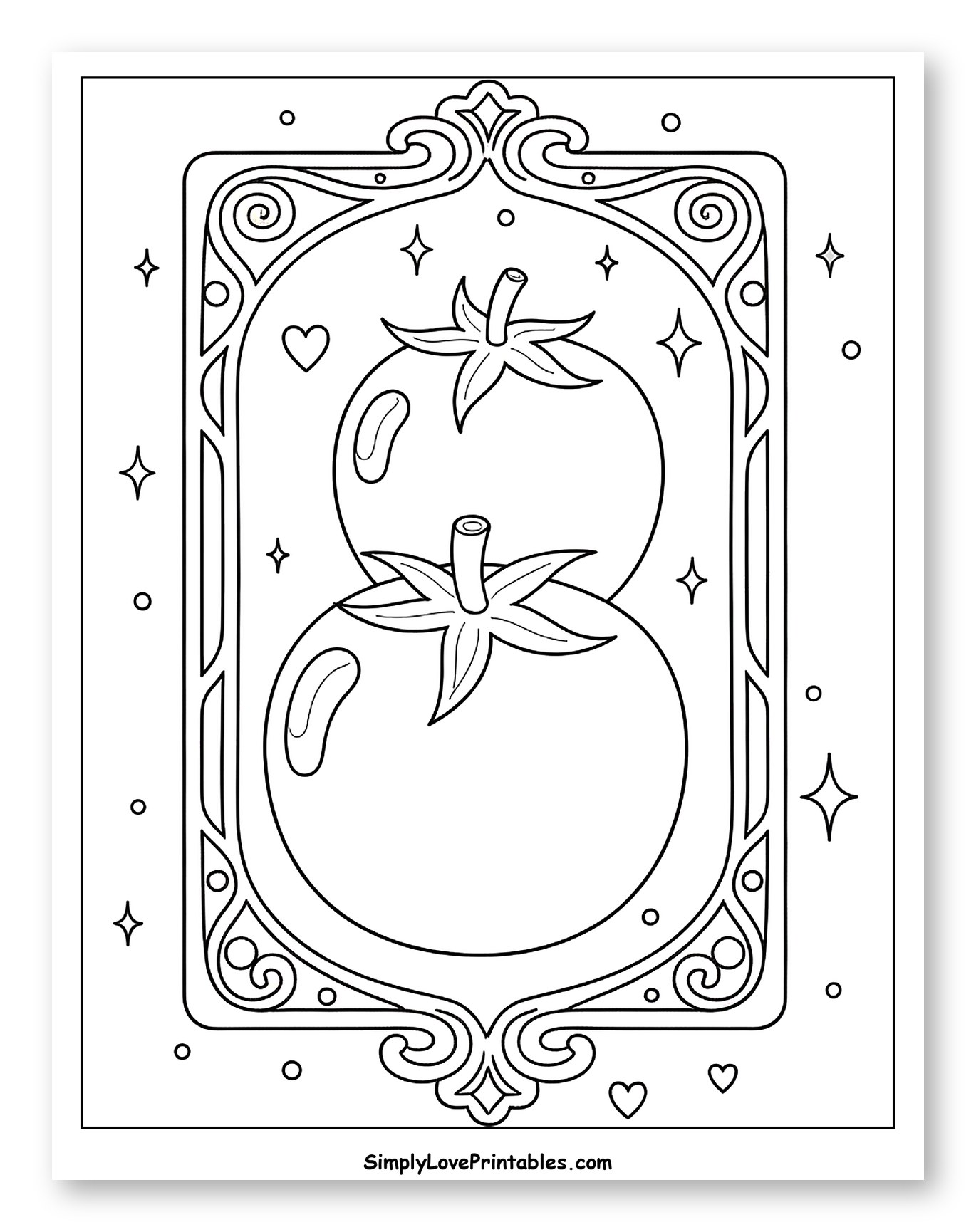 Two Tomatoes Forming an Eight in a Decorative Frame Coloring Page for Adults