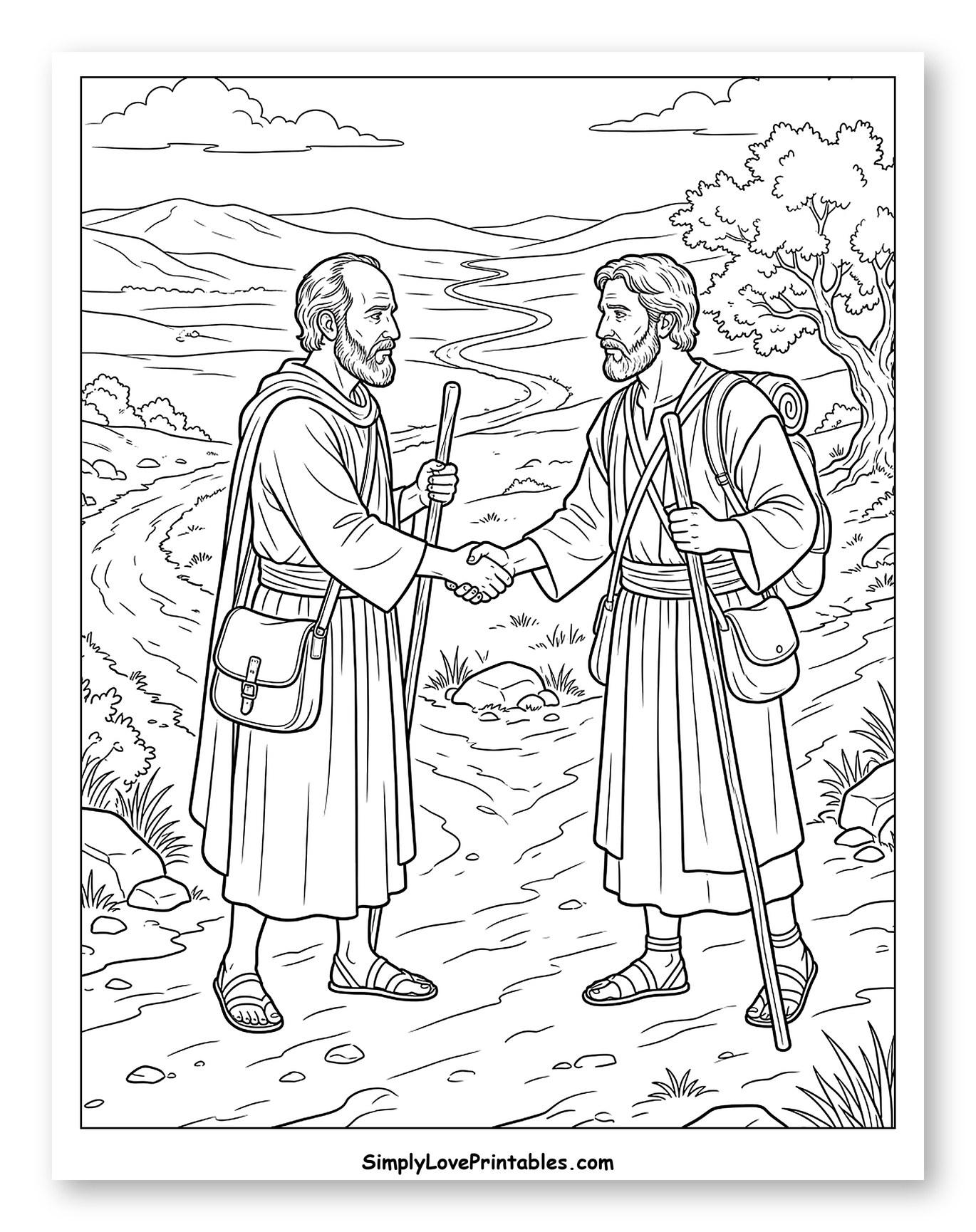 Two Travelers Shaking Hands on a Path Coloring Page