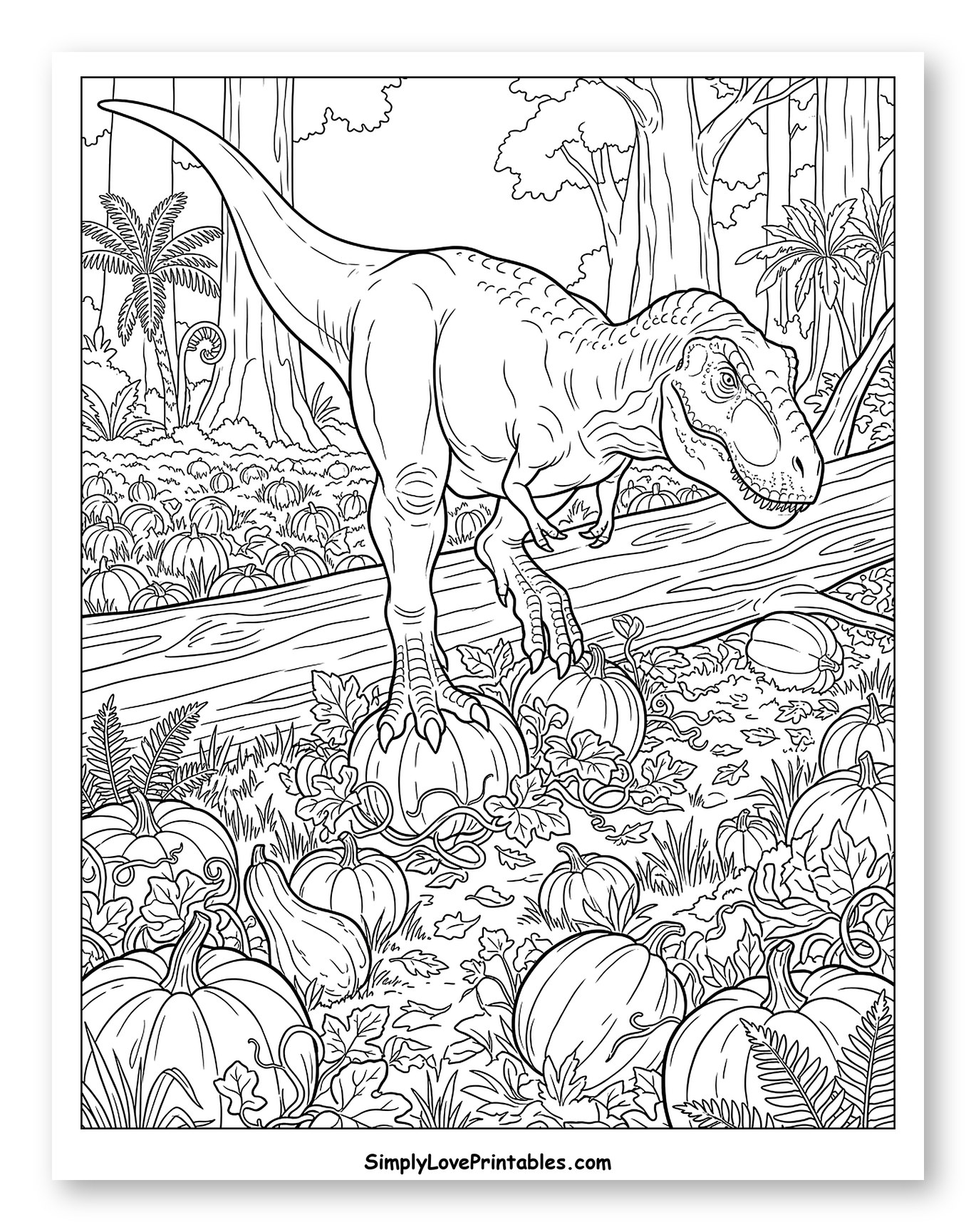Tyrannosaurus Rex in a Thanksgiving Pumpkin Patch to Color