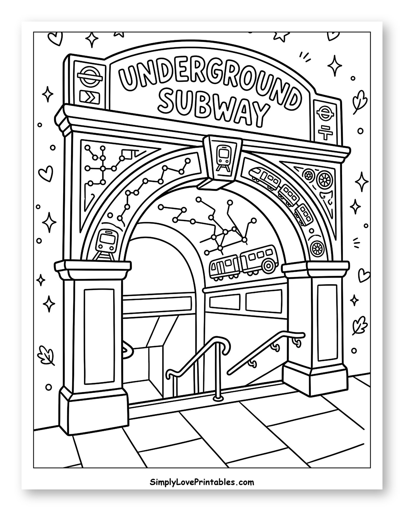 Underground Subway Station Entrance with Whimsical Details Coloring Sheet for Adults