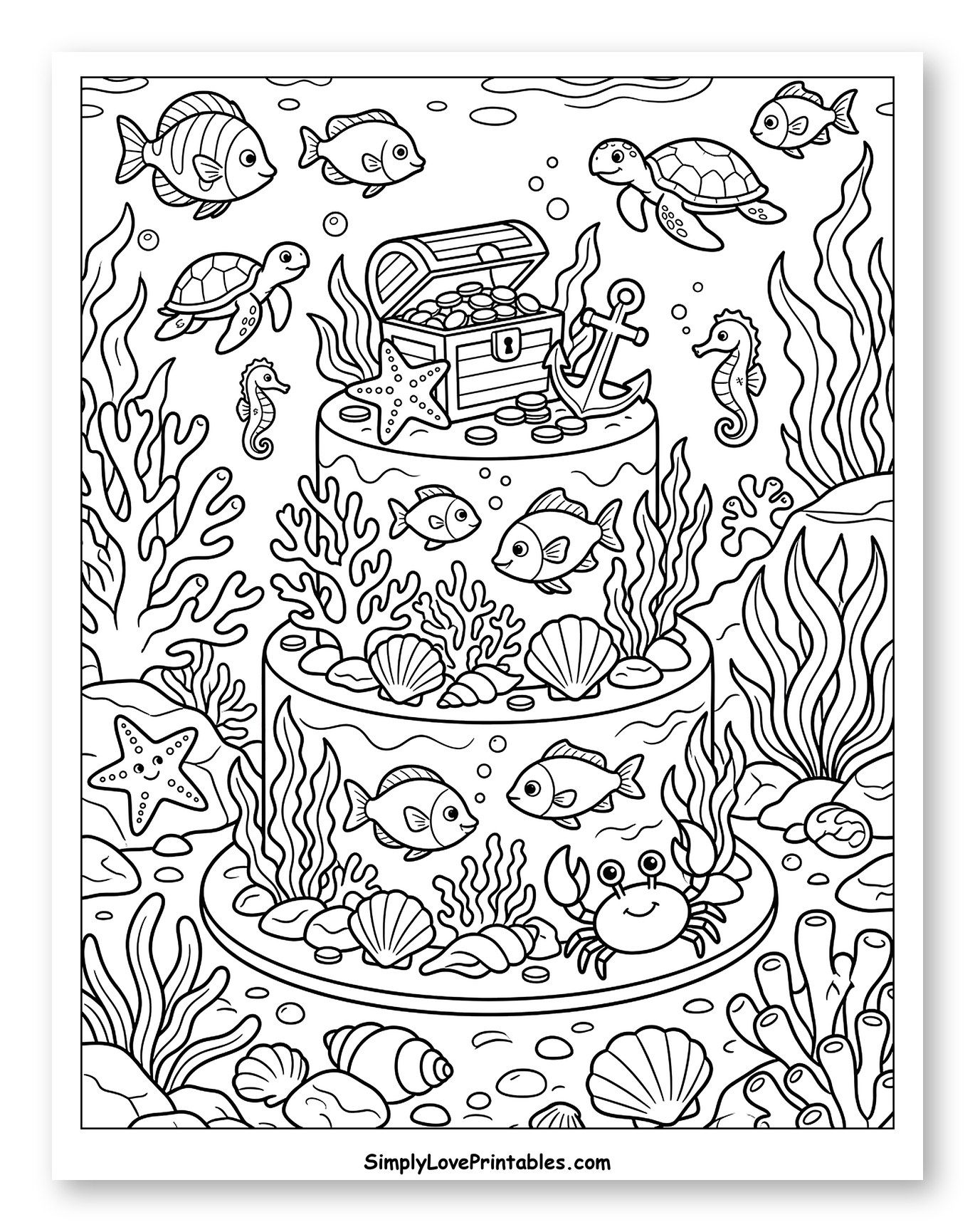 Underwater Ocean Cake with Sea Animals Coloring Sheet for Kids