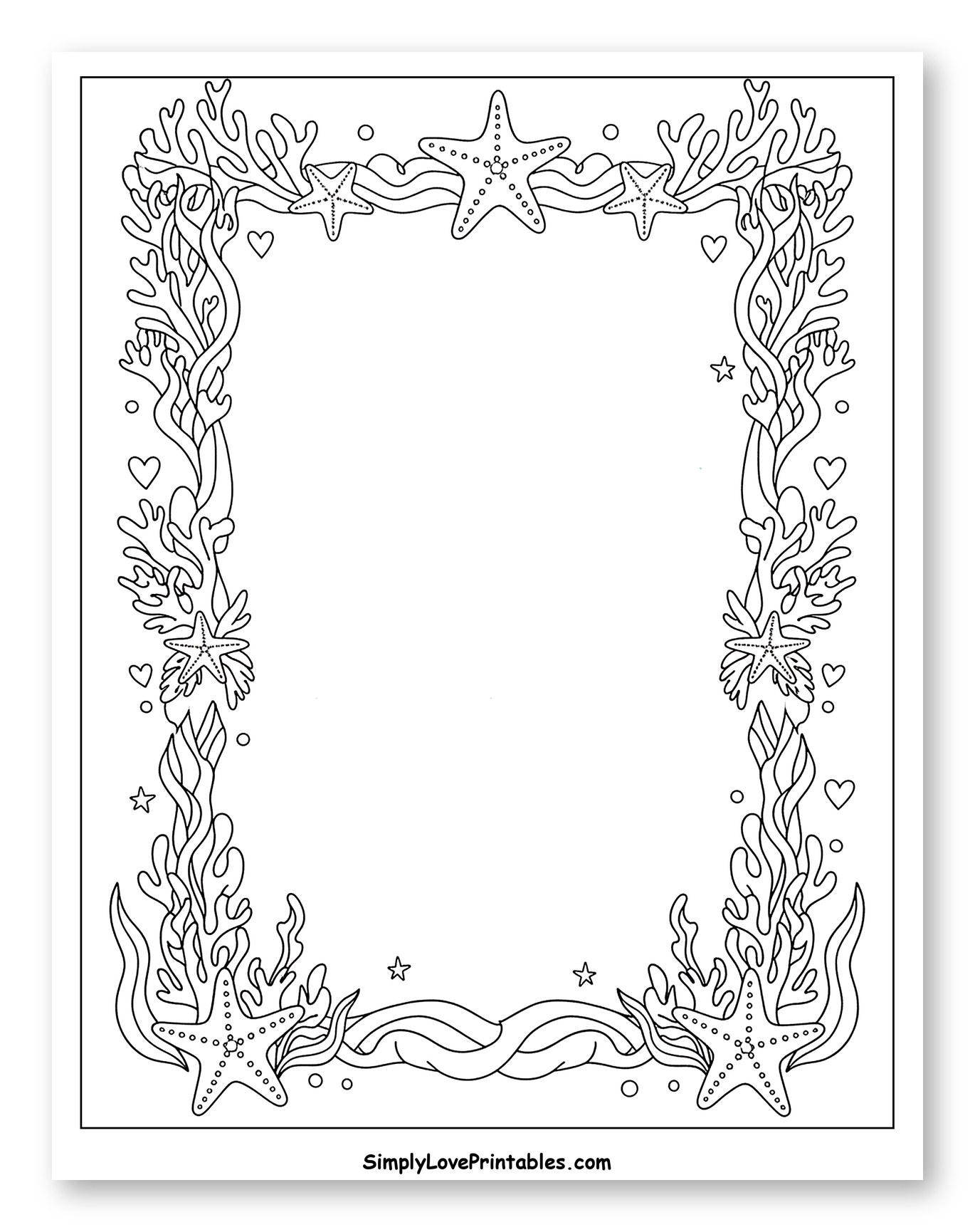 Underwater Starfish and Coral Reef Frame Coloring Page for Adults