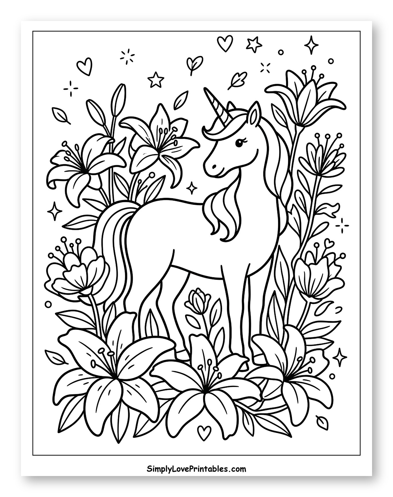 Unicorn Among Lilies and Flowers