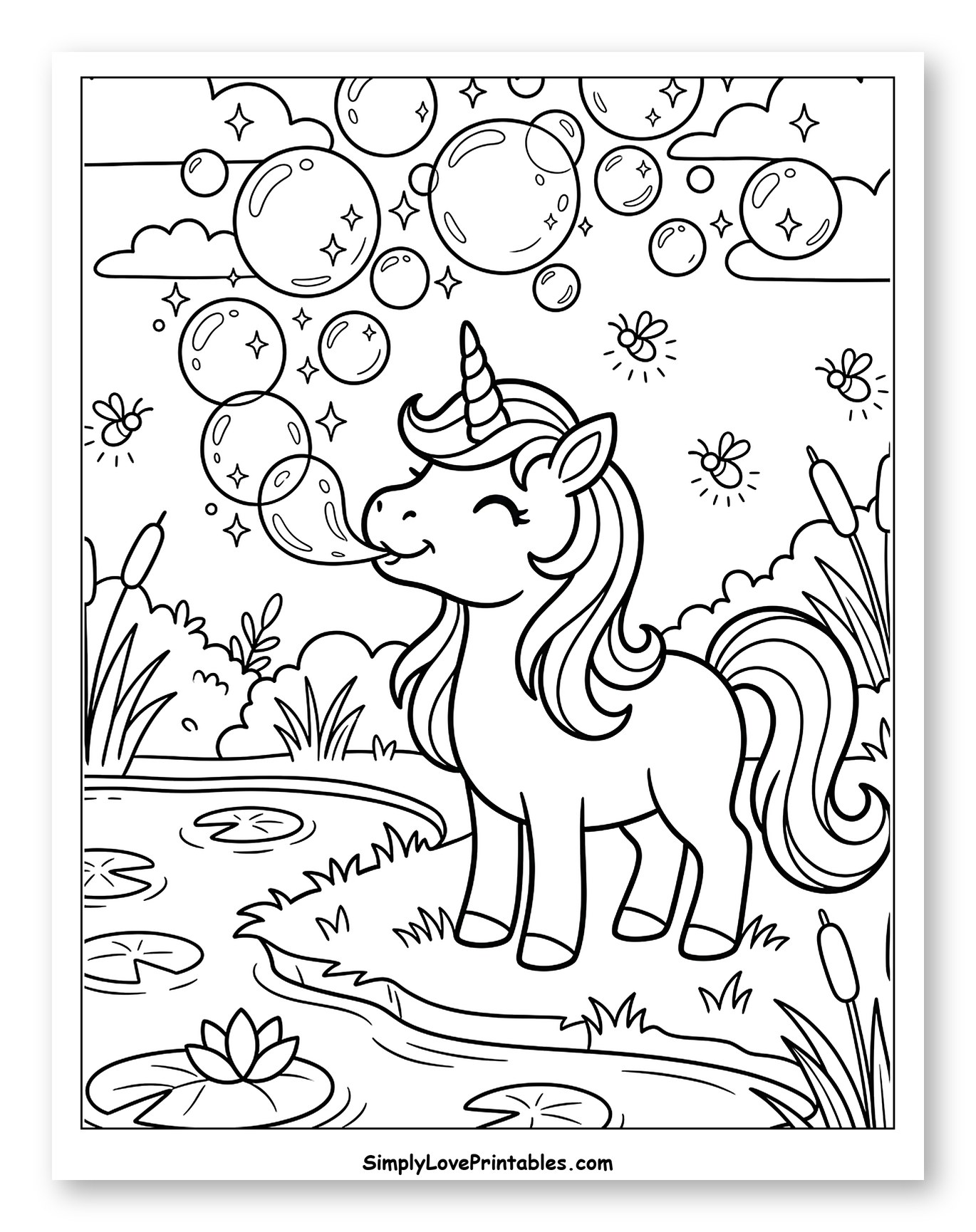 Unicorn Blowing Bubbles by a Pond Coloring Sheet for Kids
