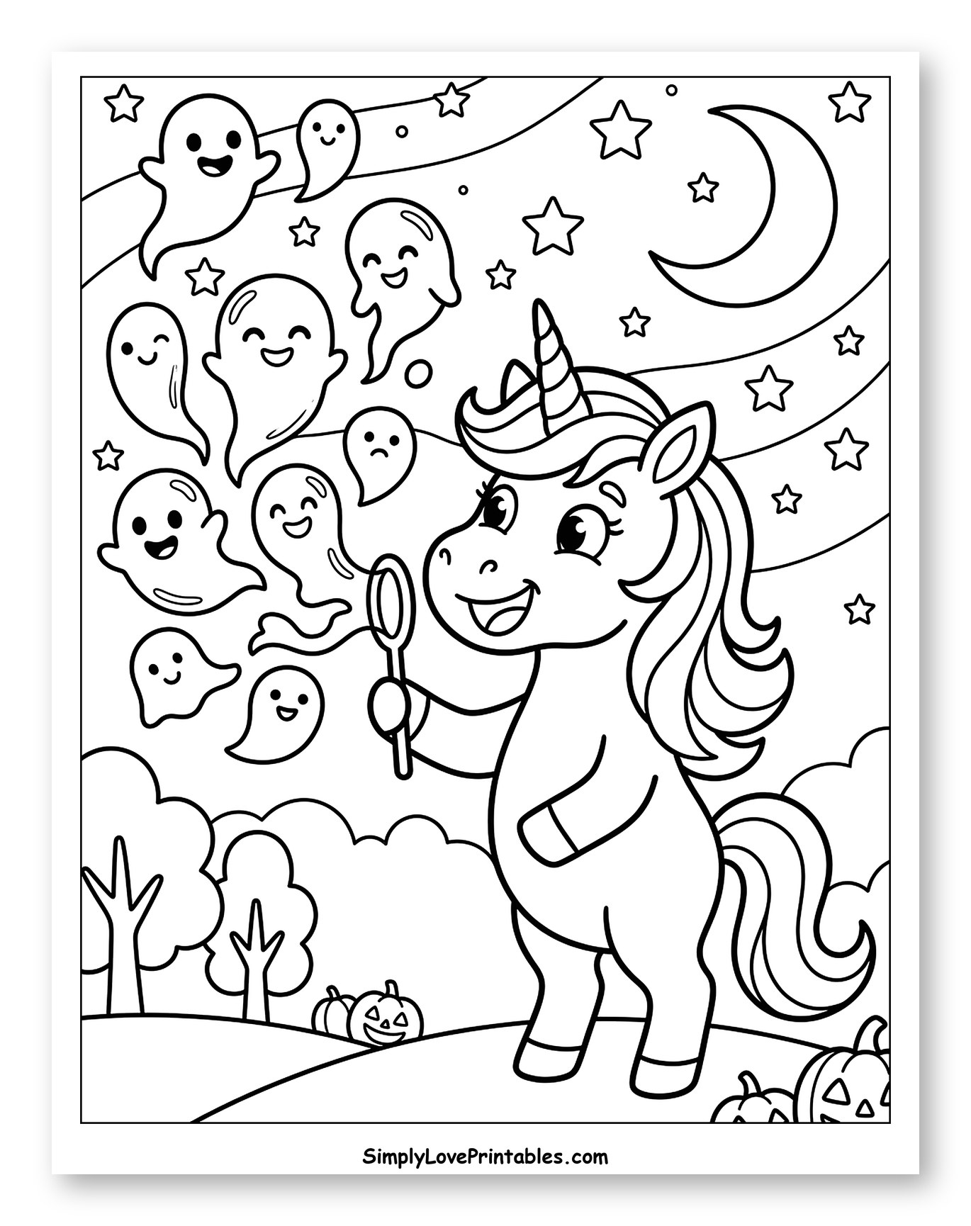 Unicorn Blowing Bubbles with Happy Halloween Ghosts