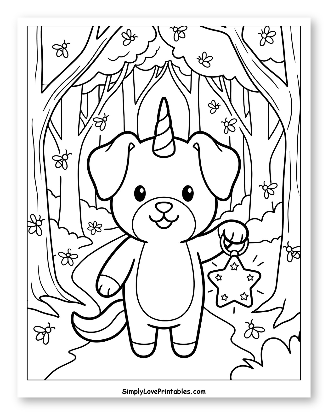 Unicorn Dog Holding Star Lantern in Forest