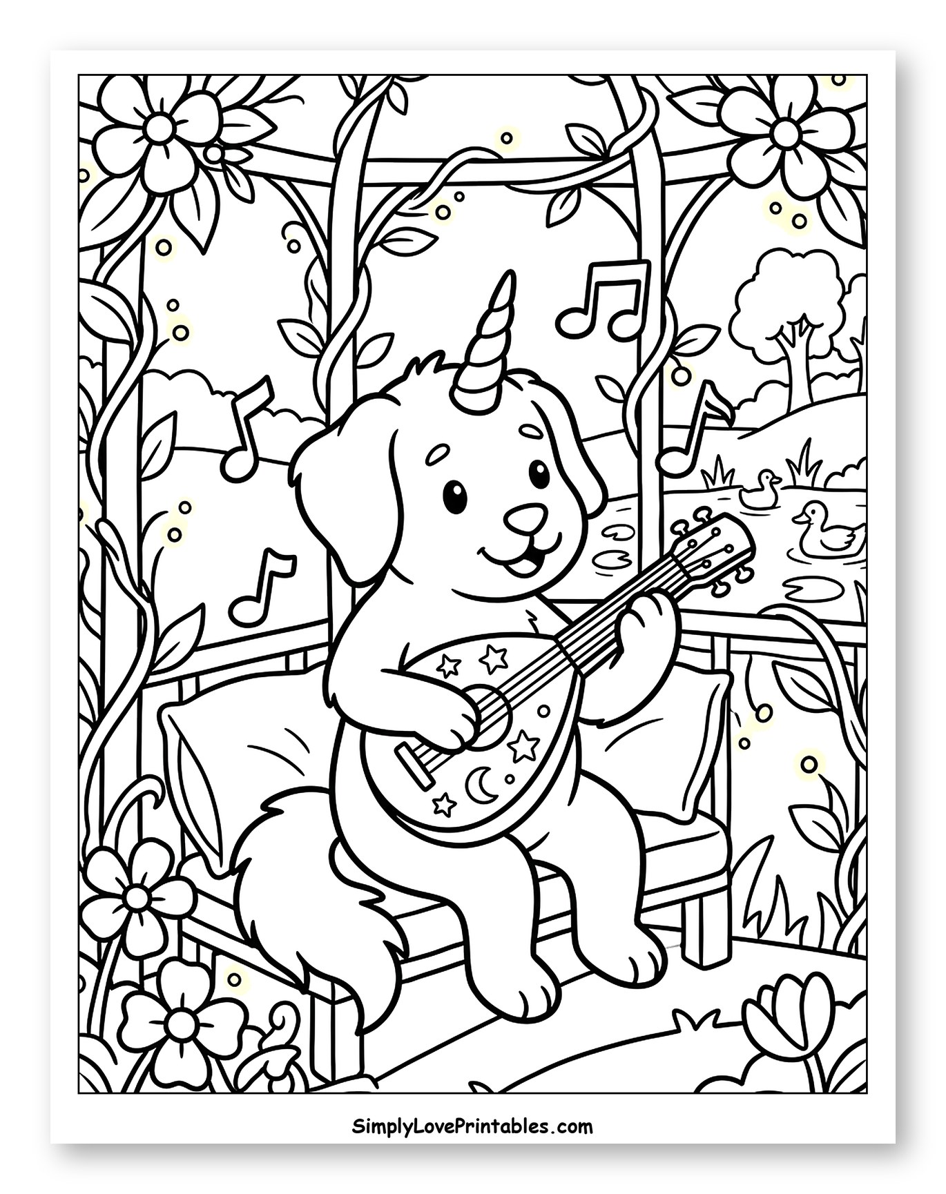Unicorn Dog Playing Mandolin in Garden Archway