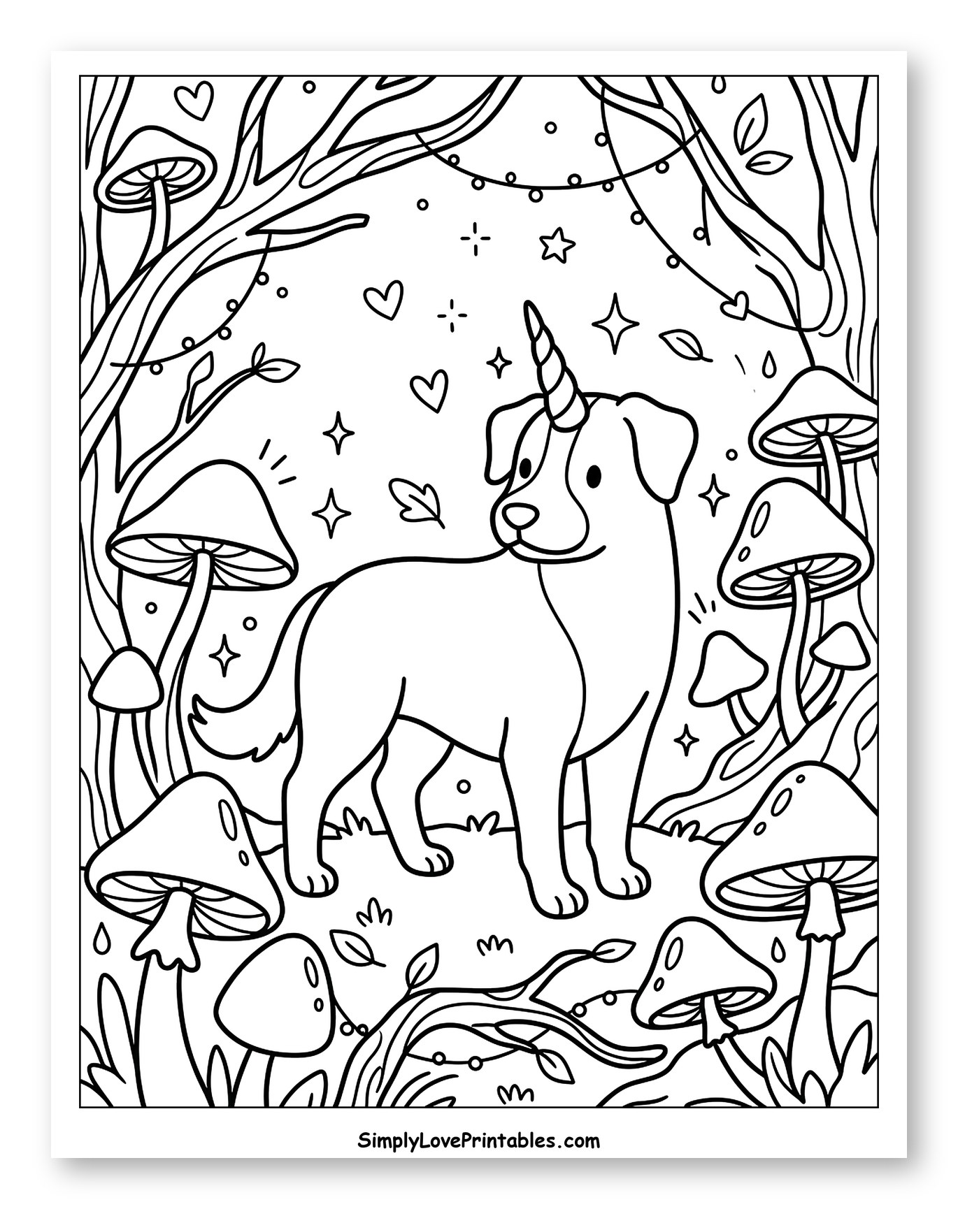 Unicorn Dog Standing in a Whimsical Forest Coloring Page for Adults
