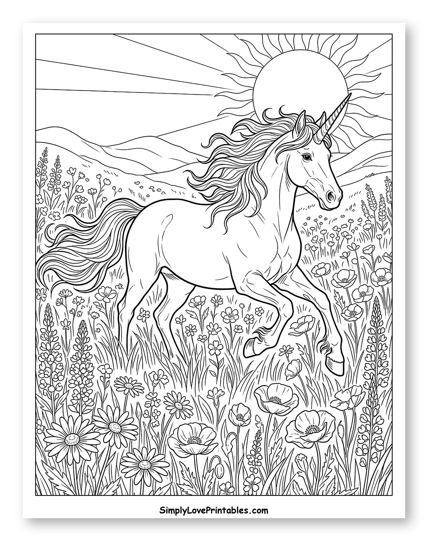 Unicorn Galloping Through a Flowery Meadow to Color