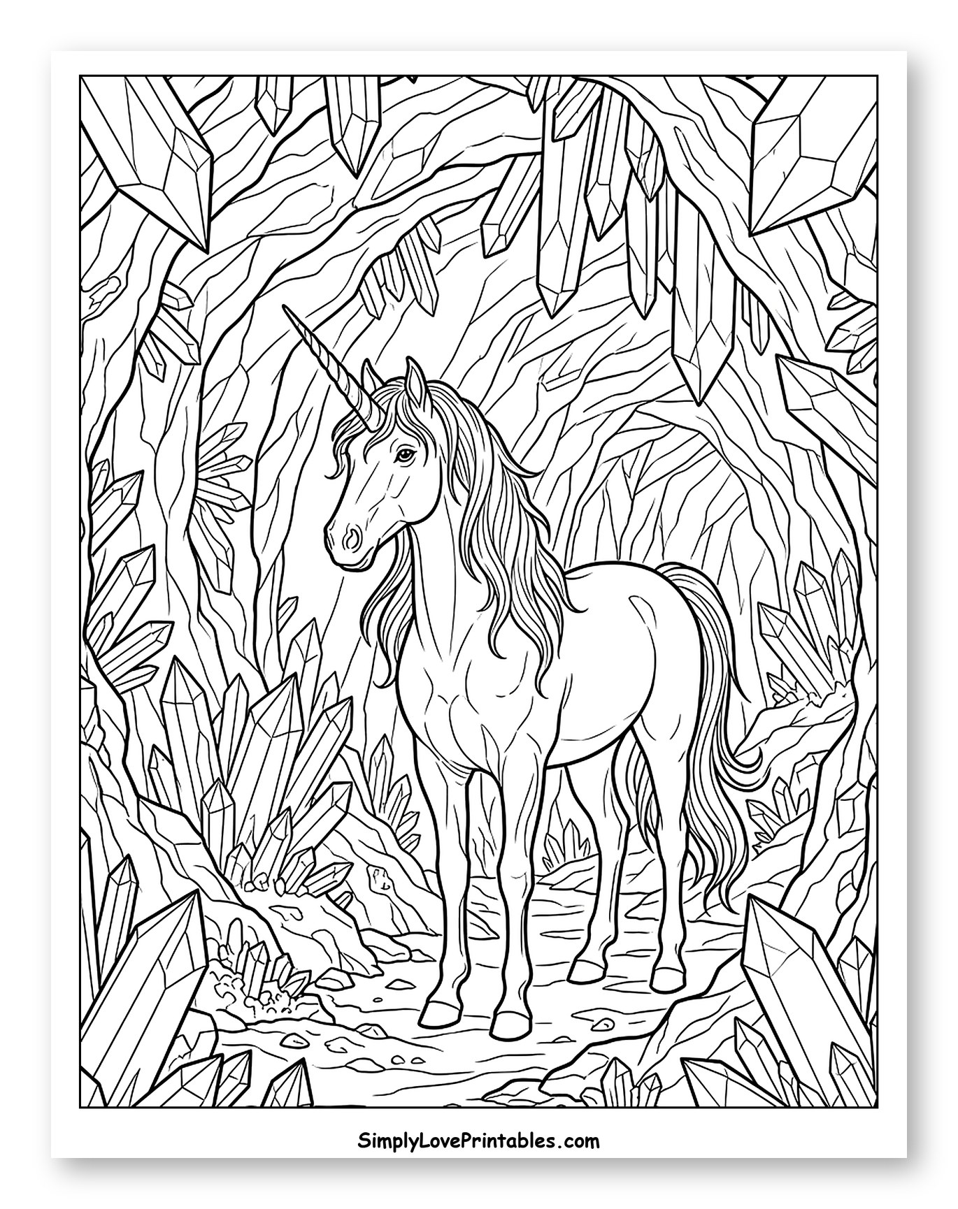 Unicorn in a Crystal Cave Coloring Page