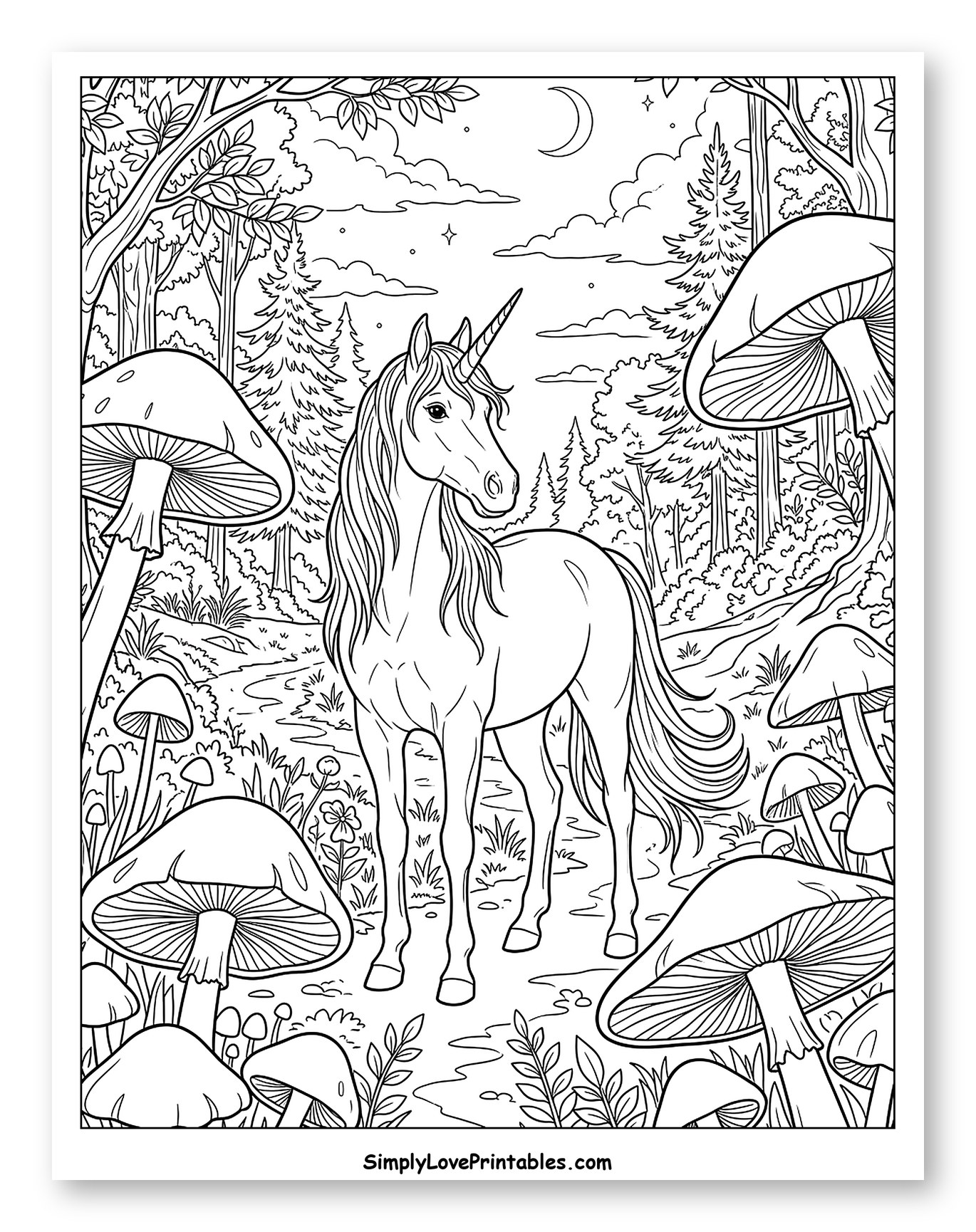 Unicorn in a Magical Forest with Mushrooms Coloring Sheet