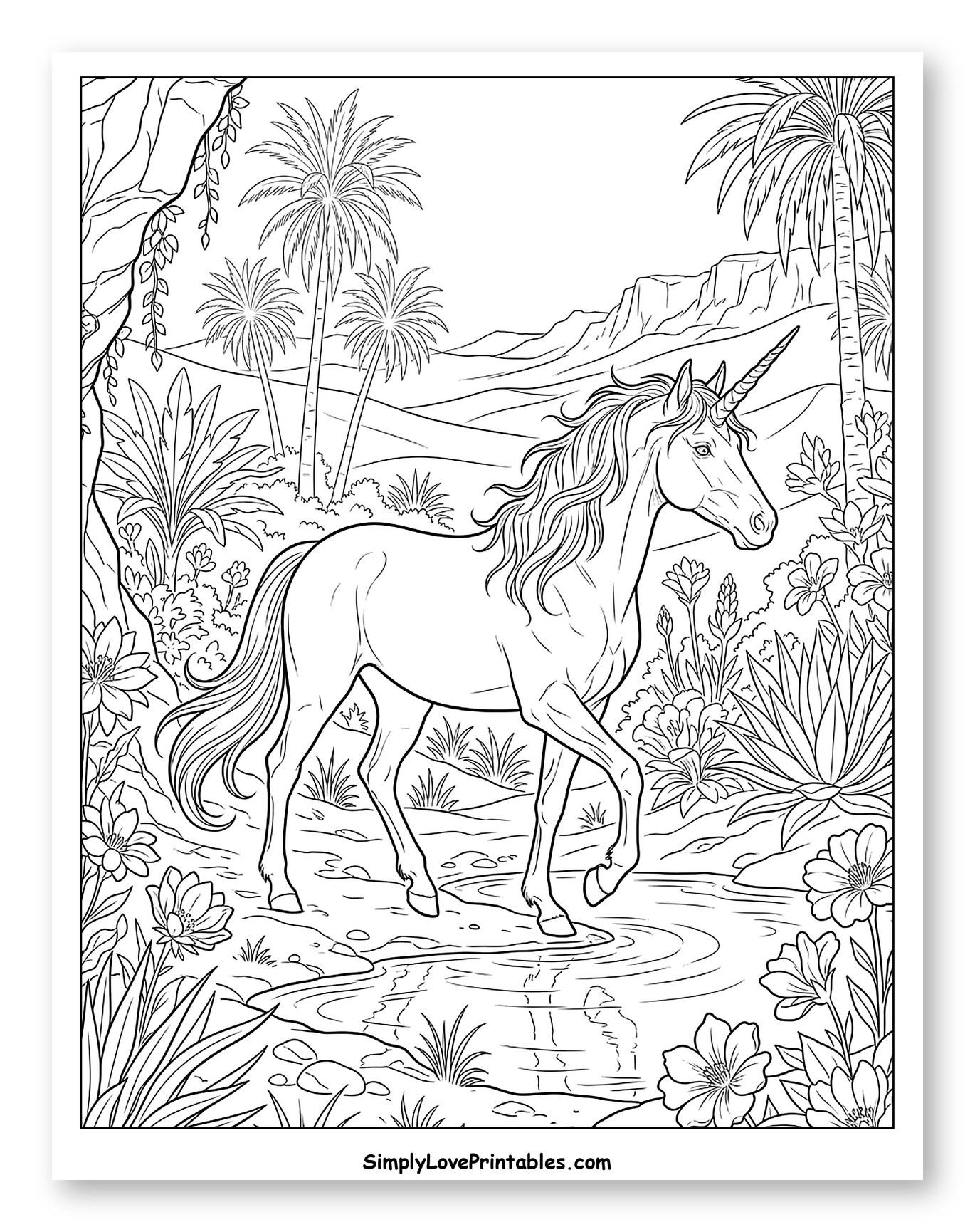 Unicorn in a Magical Oasis Landscape Coloring Sheet