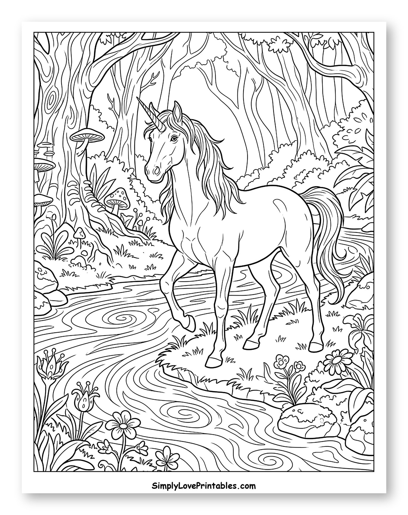 Unicorn in a Mystical Forest by a Stream