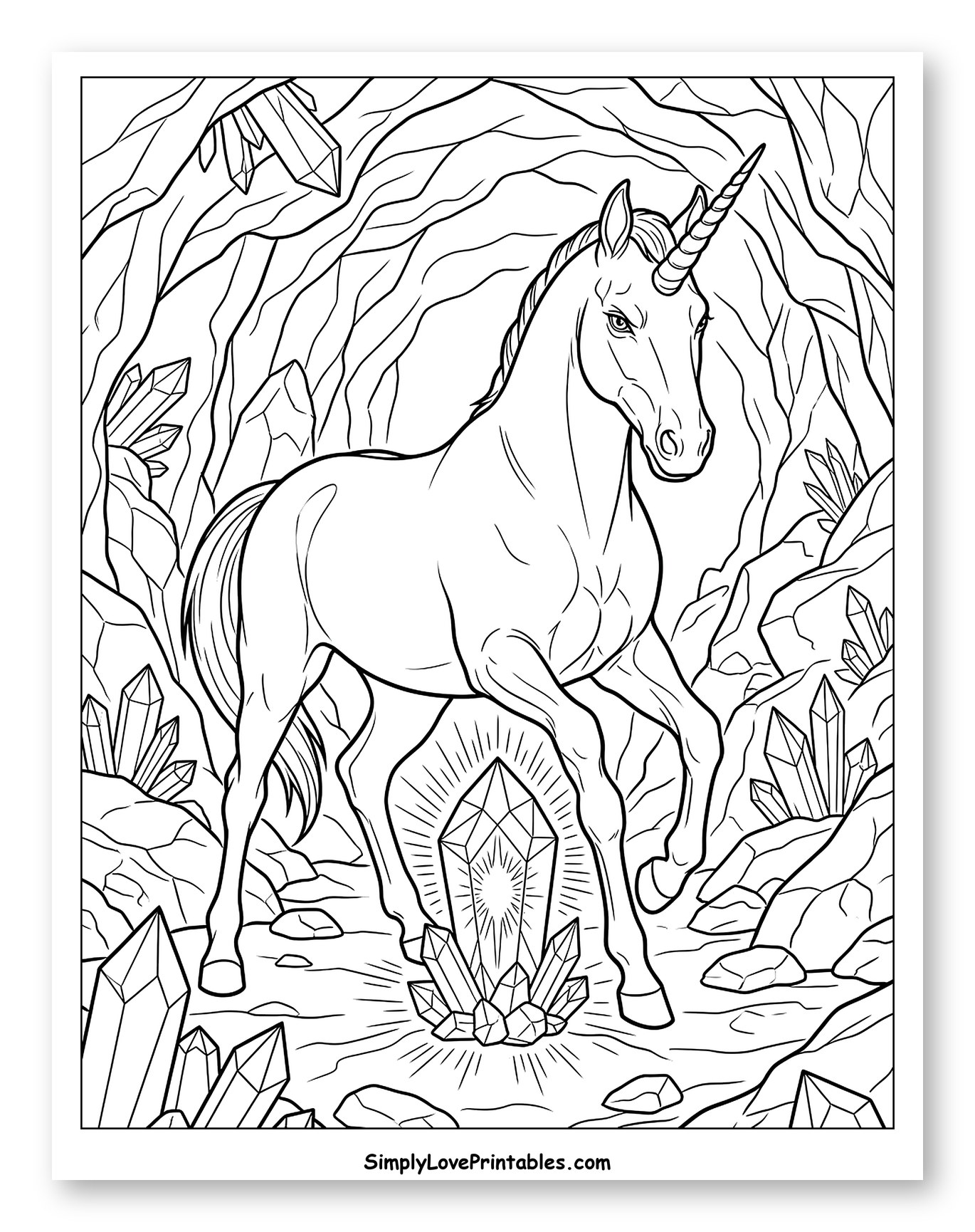Unicorn in a Shimmering Crystal Cave Coloring Sheet