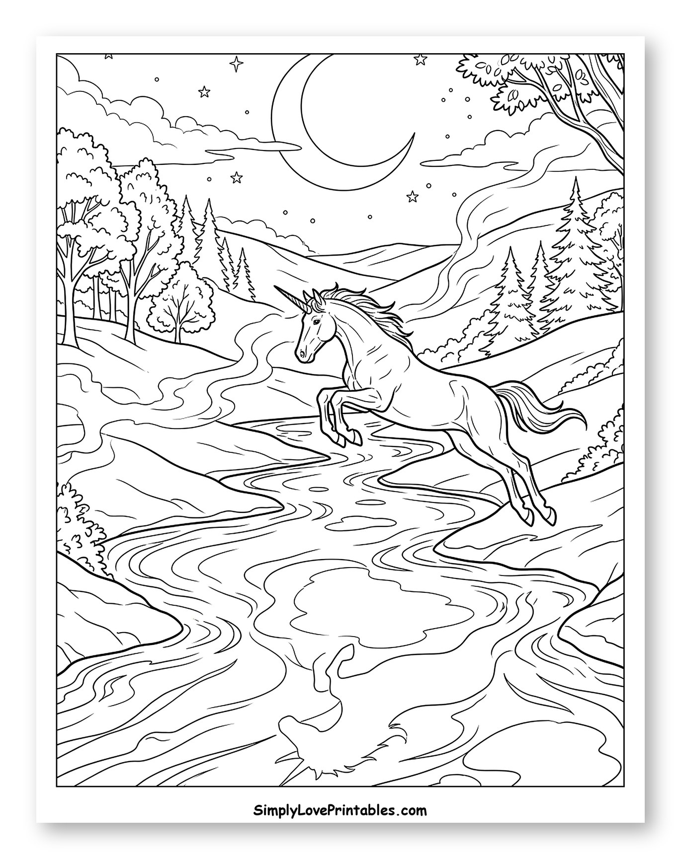 Unicorn Leaping Over a Moonlit River
