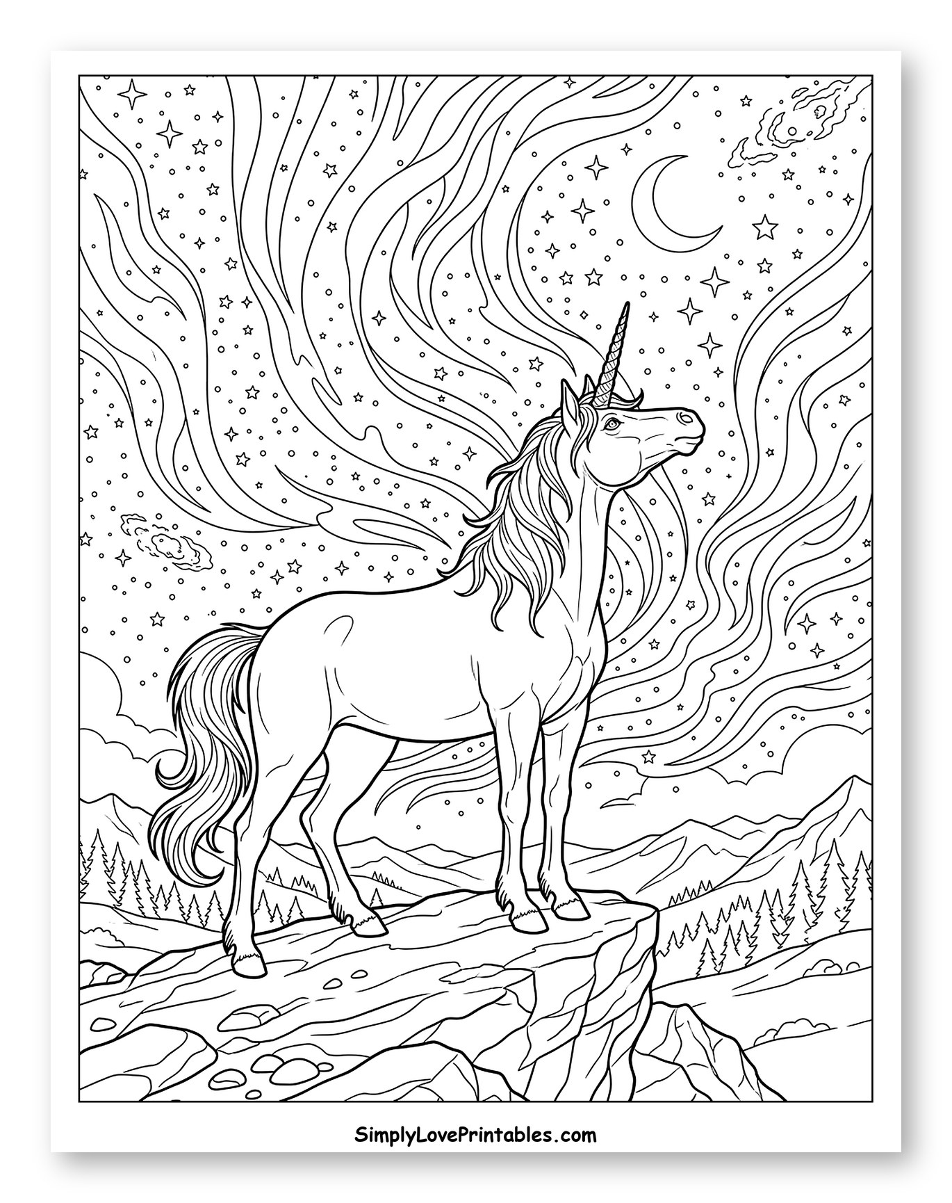 Unicorn on Mountain Under Starry Sky Coloring Page