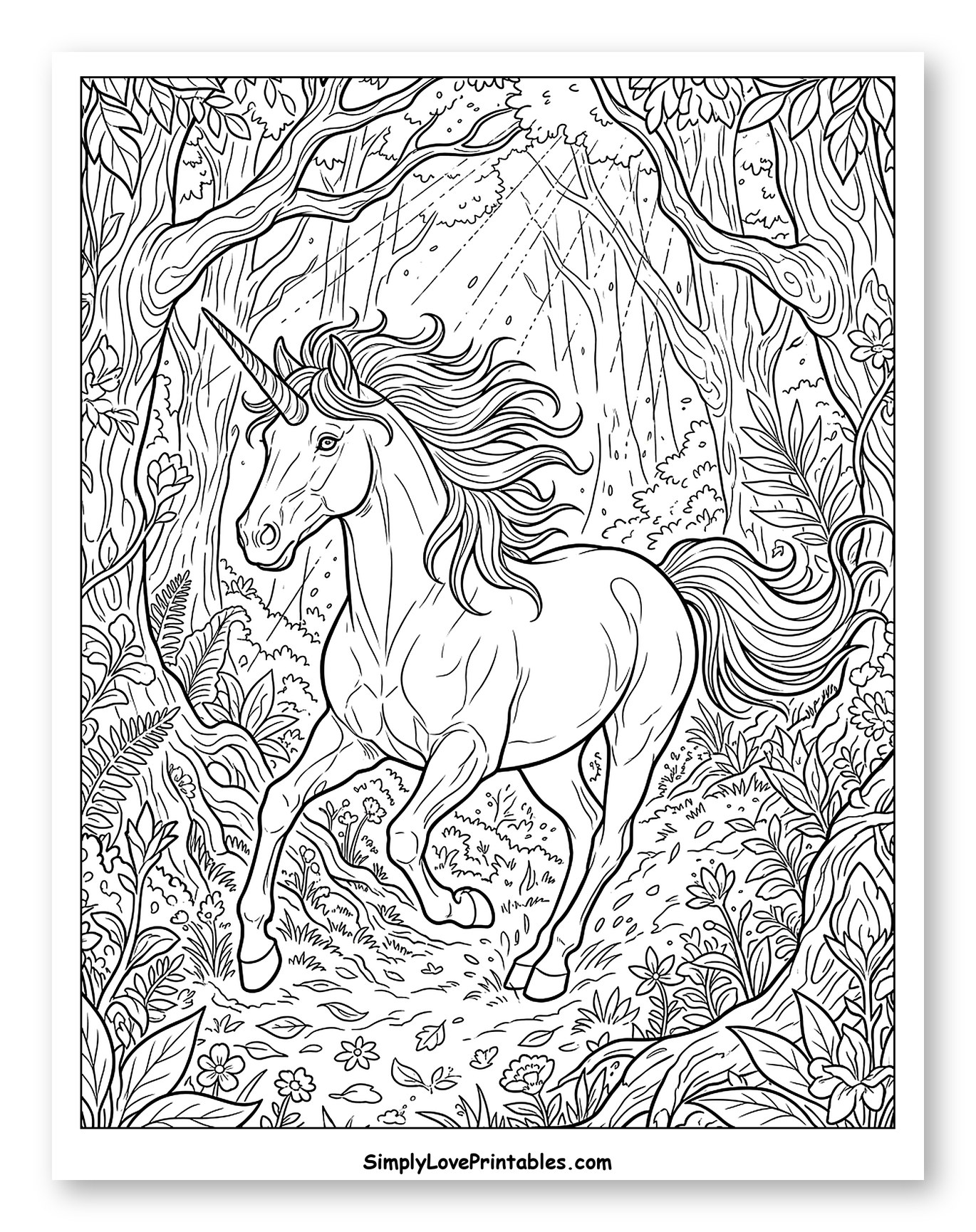 Unicorn Running Through Sunny Woods Coloring Page