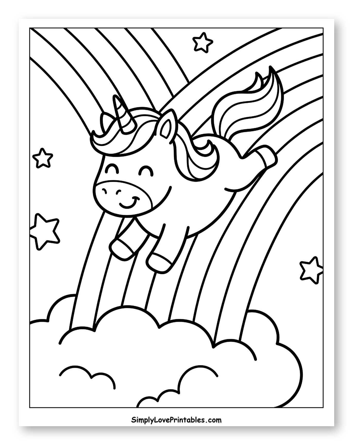 Unicorn Sliding Down a Rainbow onto Clouds
