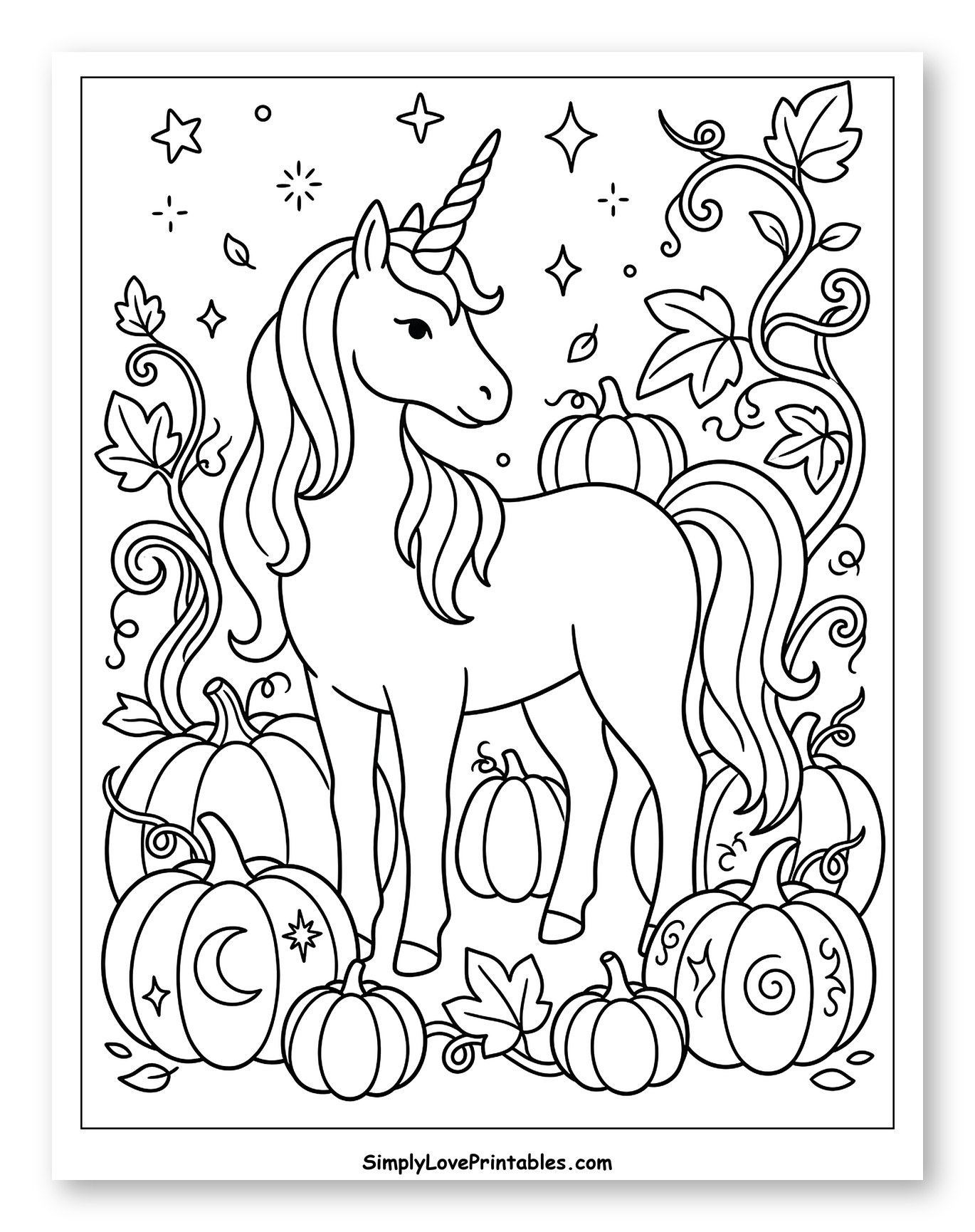 Unicorn Surrounded by Autumn Pumpkins and Stars