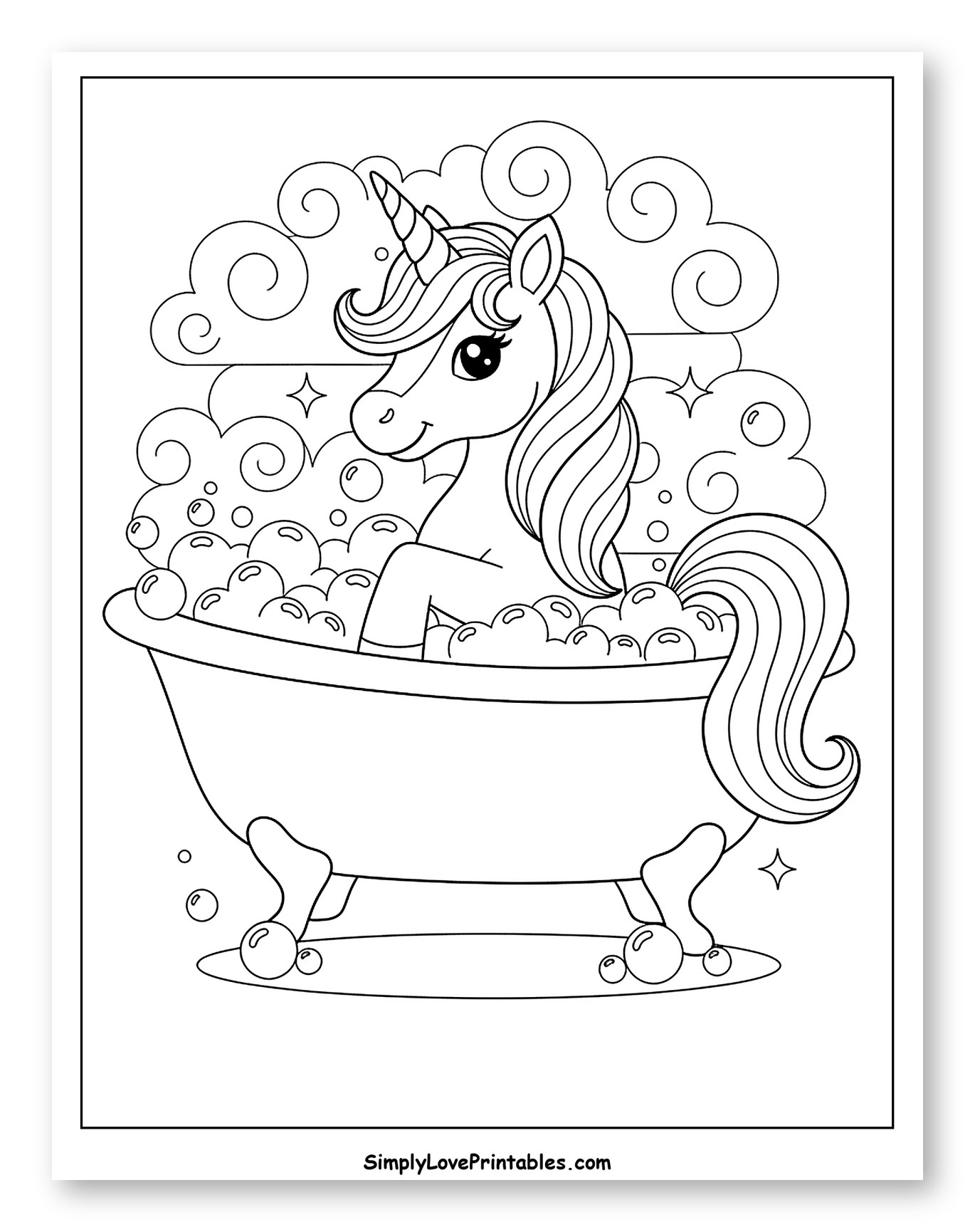 Unicorn Taking a Bubble Bath Coloring Sheet for Kids