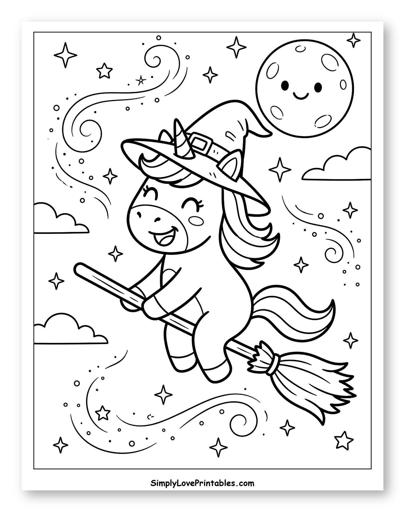 Unicorn Witch Flying with a Smiling Moon