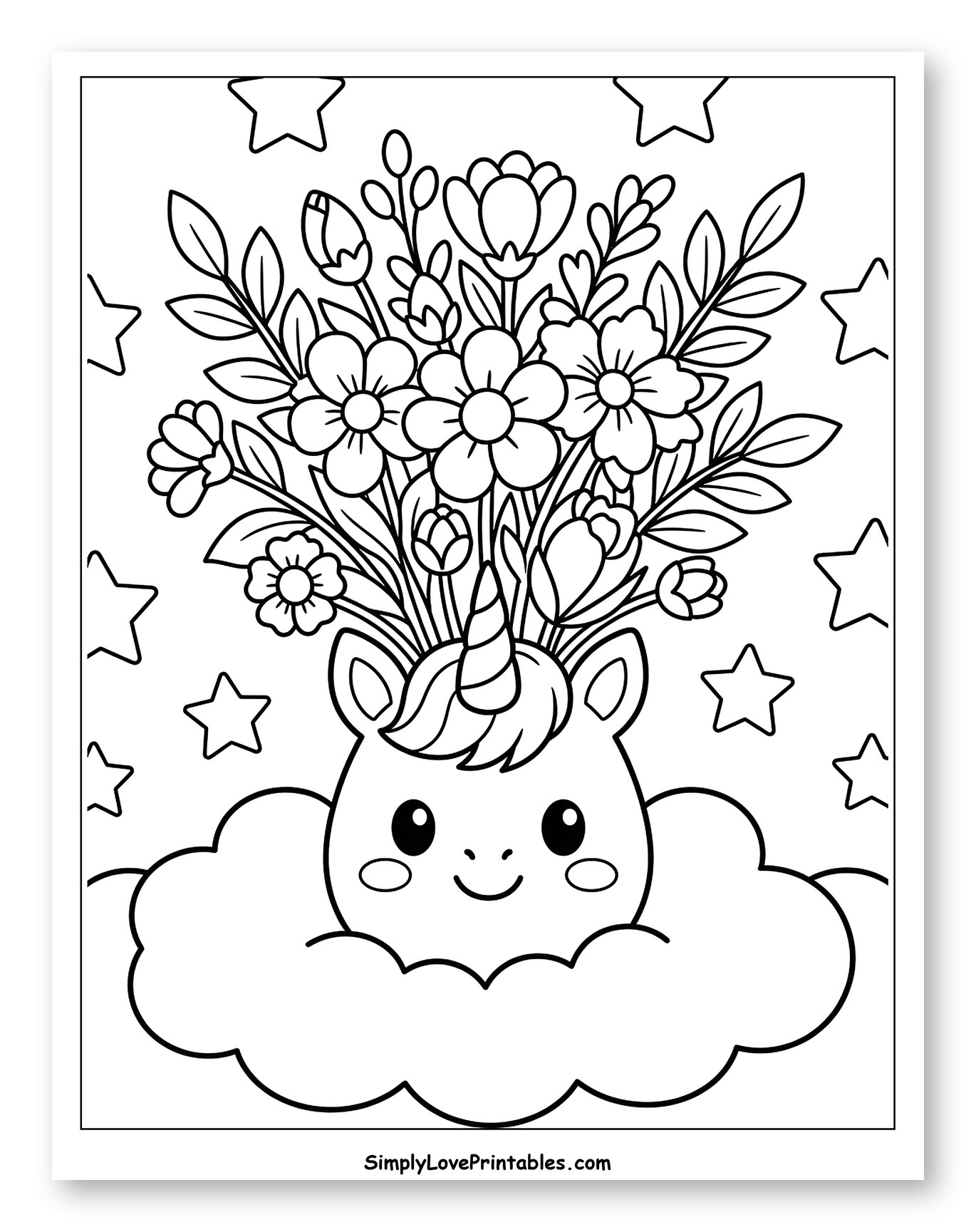 Unicorn with Bouquet of Flowers on Cloud Coloring Page for Kids