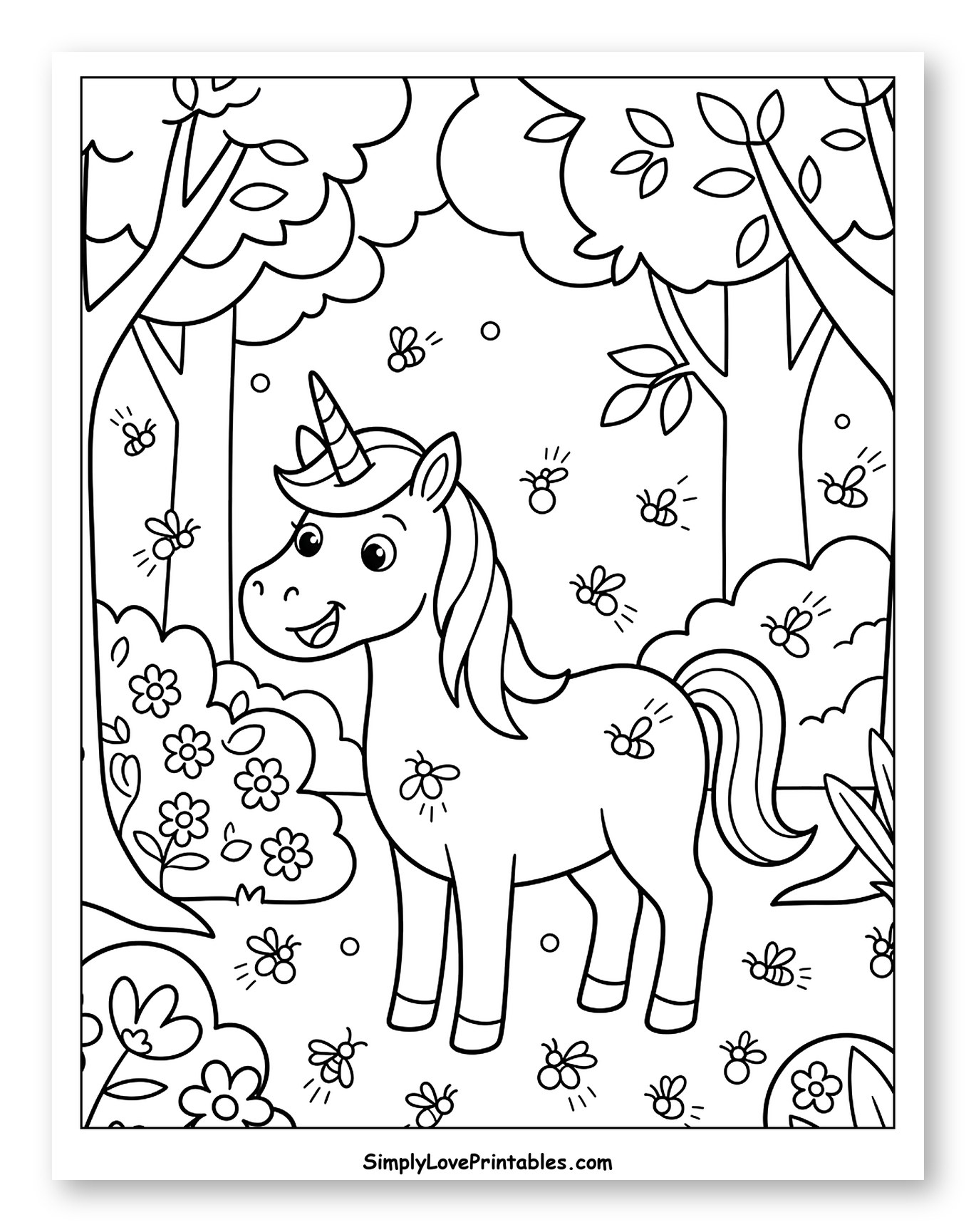Unicorn with Fireflies in a Flowery Forest Coloring Page for Kids
