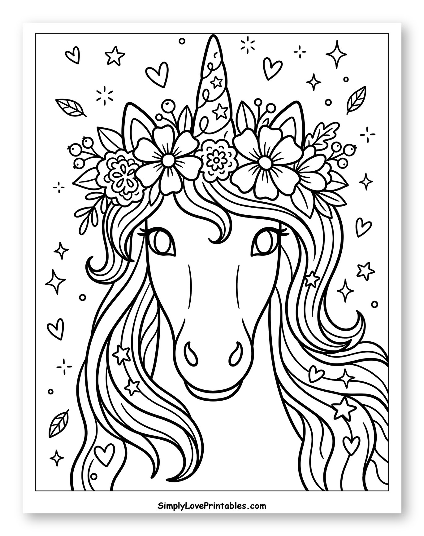 Unicorn with Floral Headband and Sparkling Mane to Color for Adults